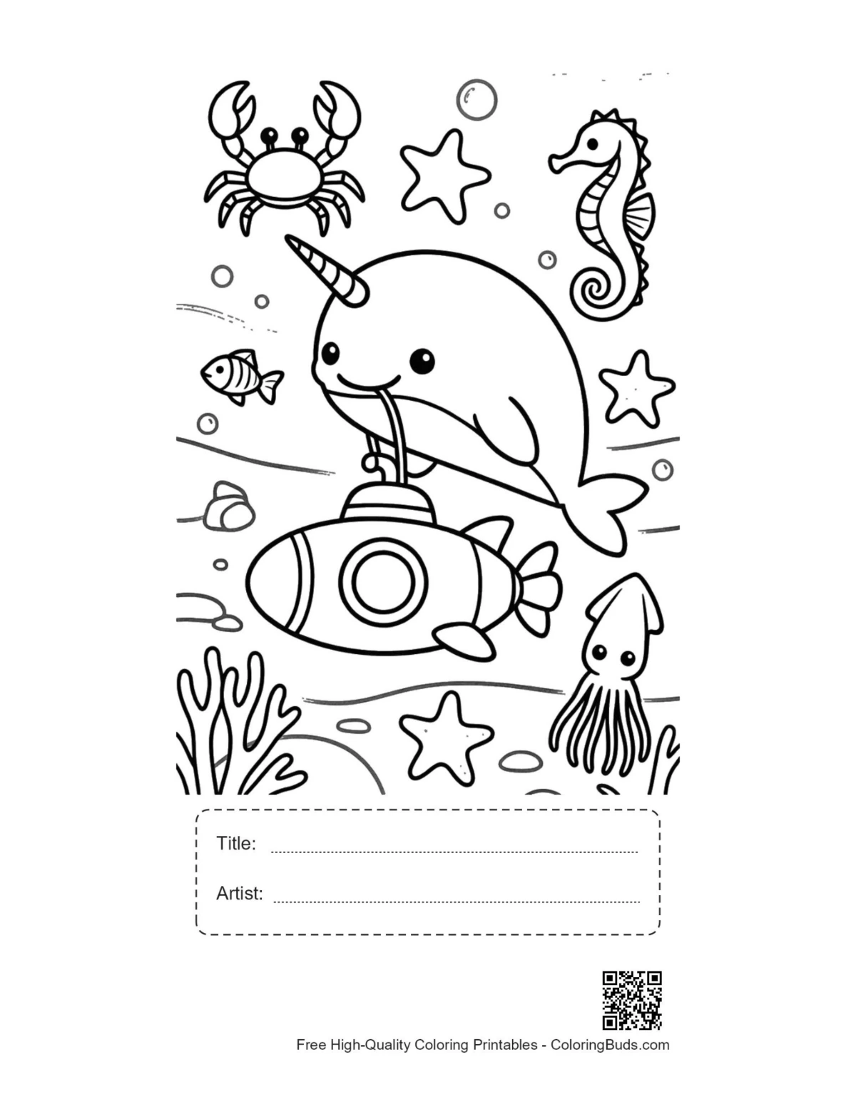 Printable narwhal submarine with title artist box