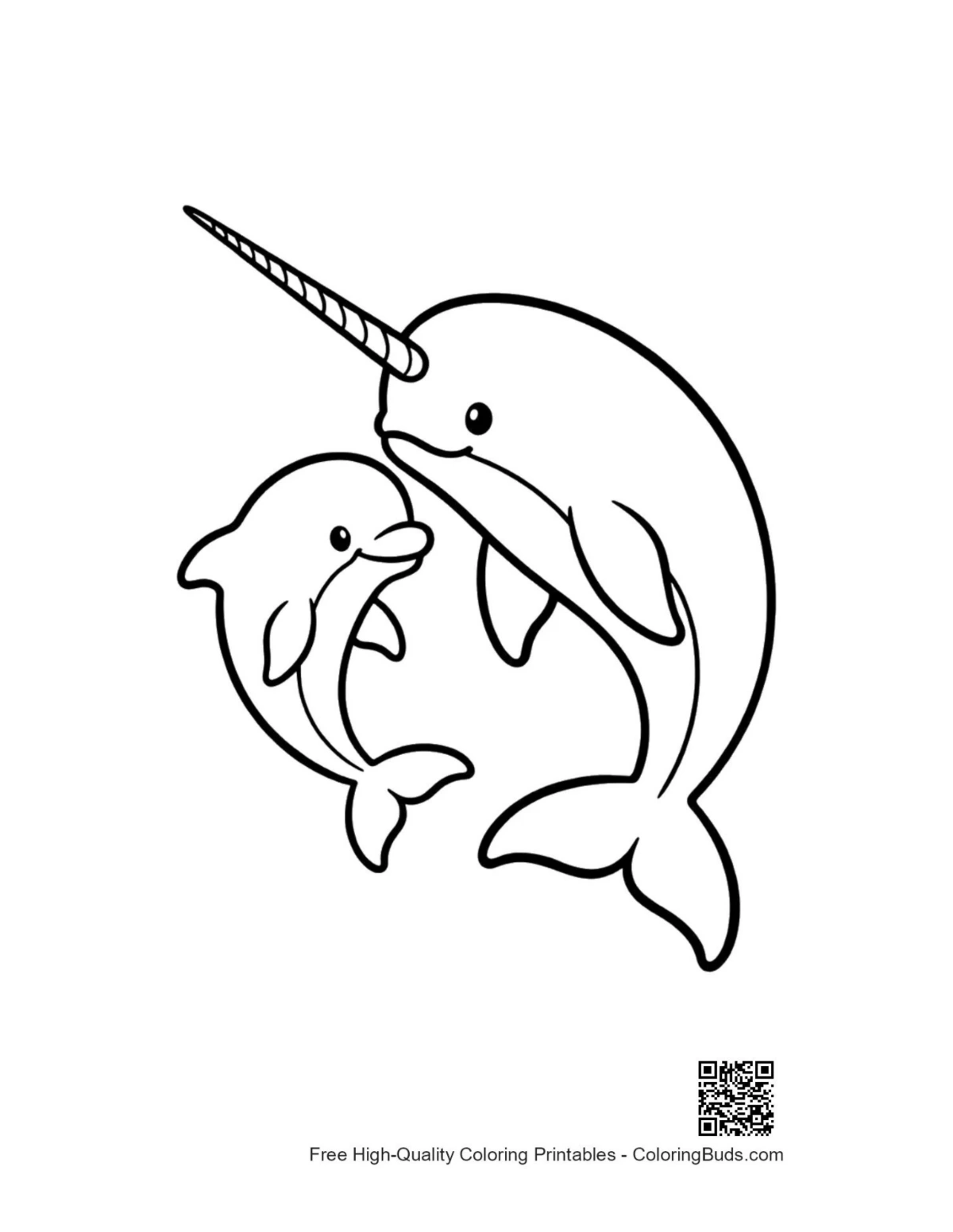 Narwhal hugging dolphin in cute embrace outline