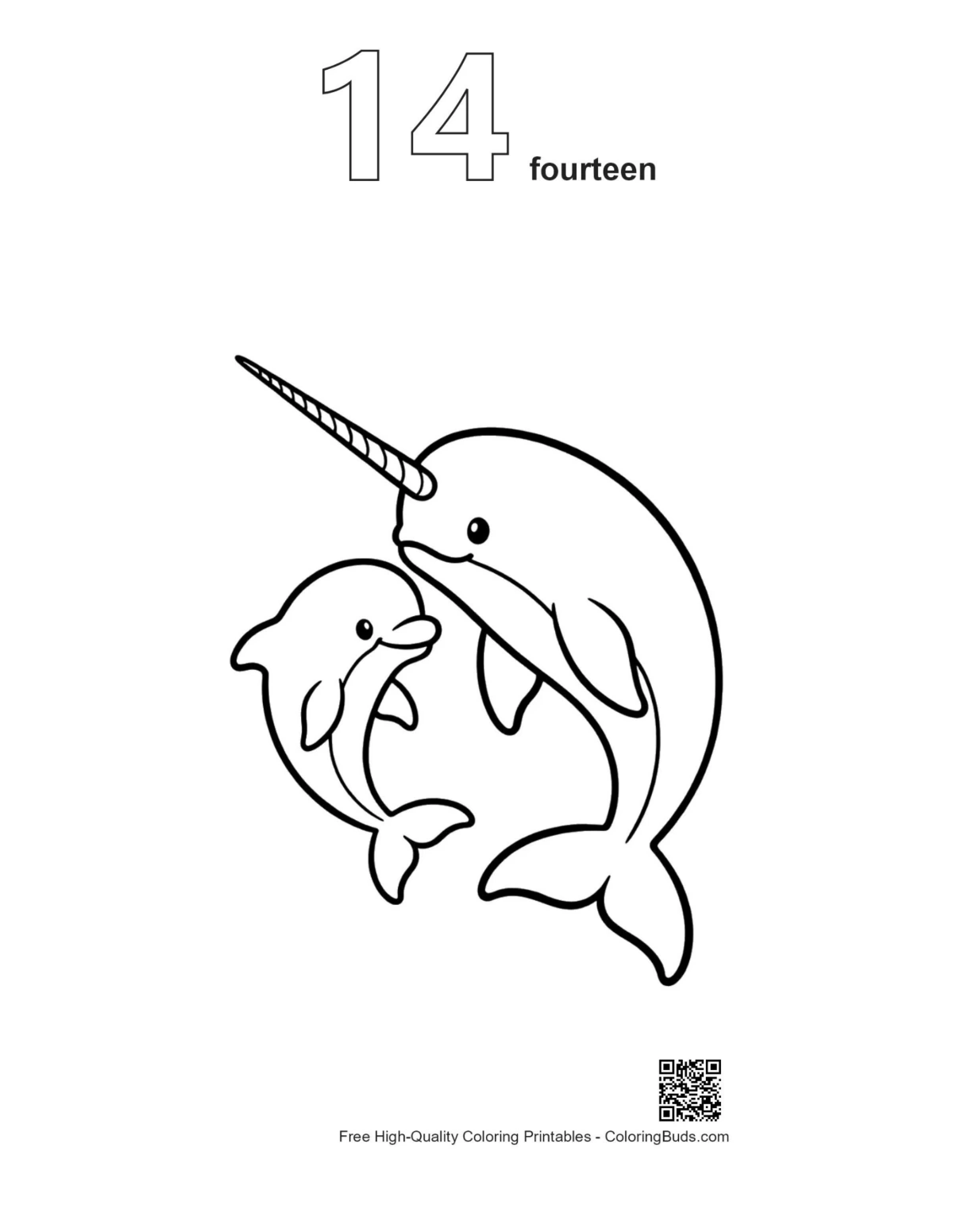 Number 14 narwhal dolphin embrace coloring outline