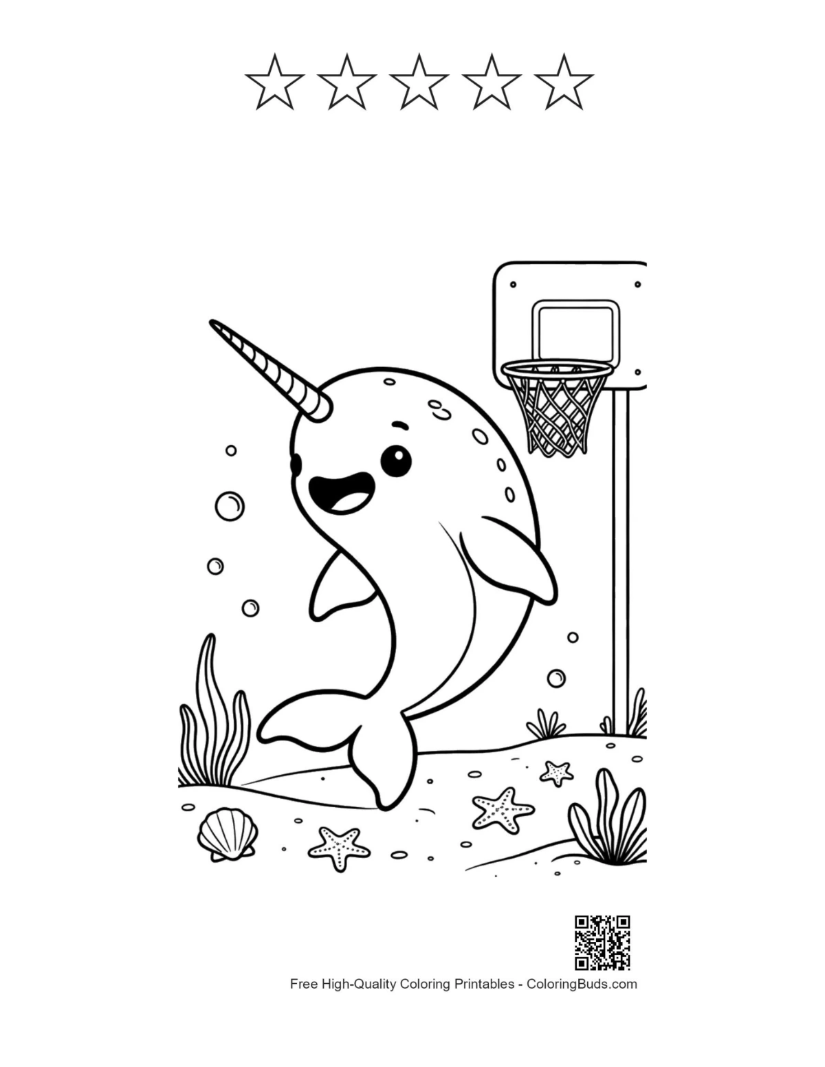 Narwhal printable with 5 star outlines