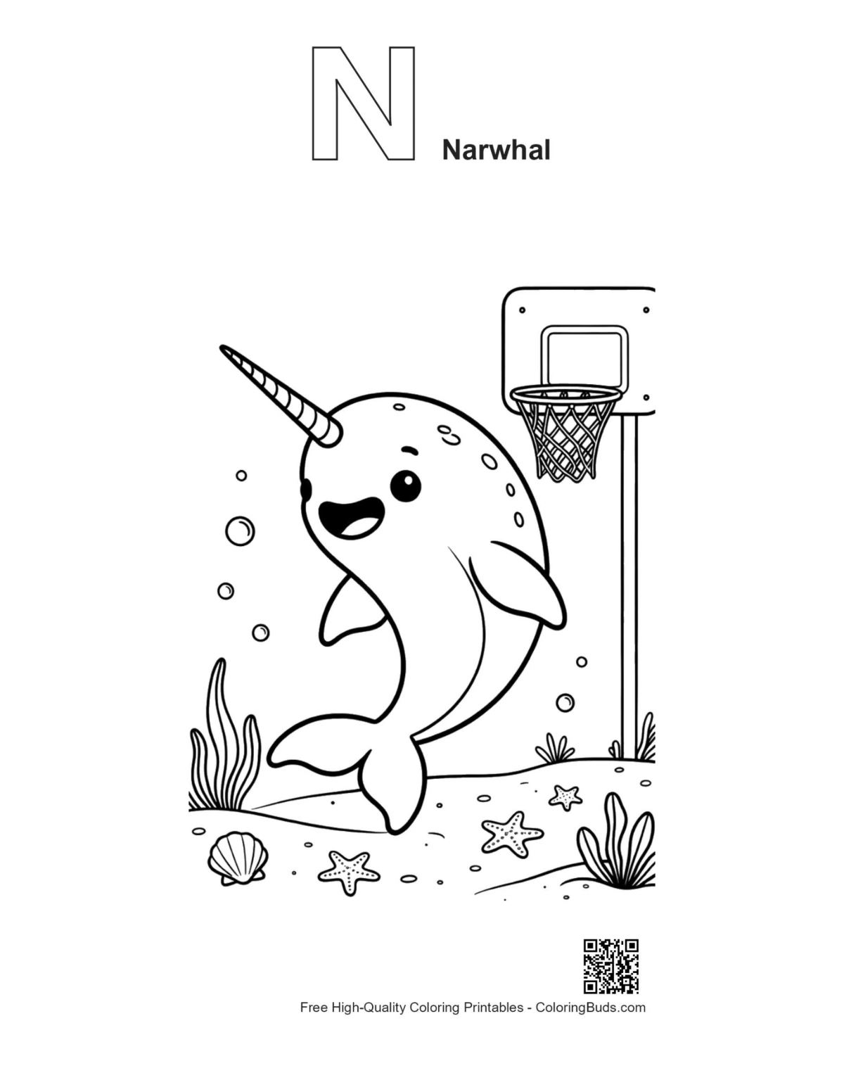 Narwhal goal printable with alphabet N outline