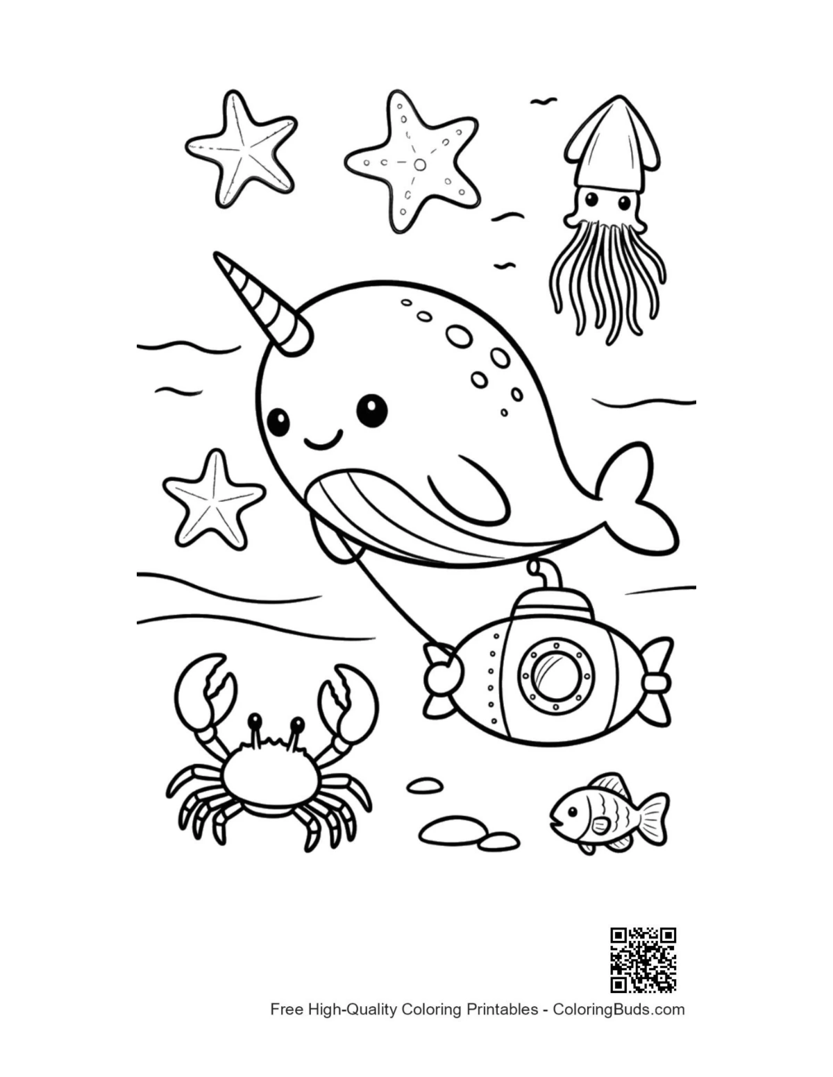 Narwhal discovering yellow submarine coloring printable