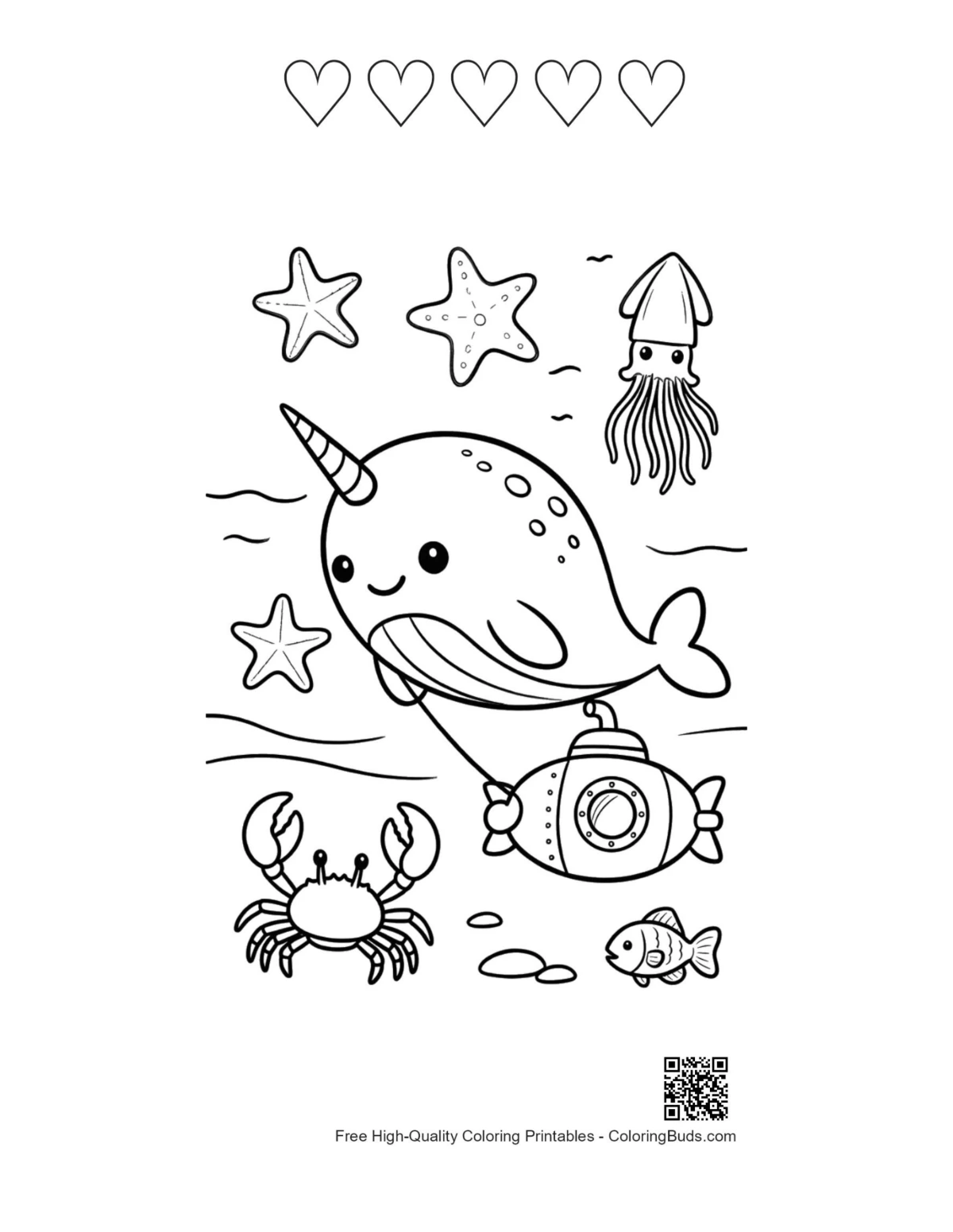 Narwhal submarine printable with 5 heart outlines