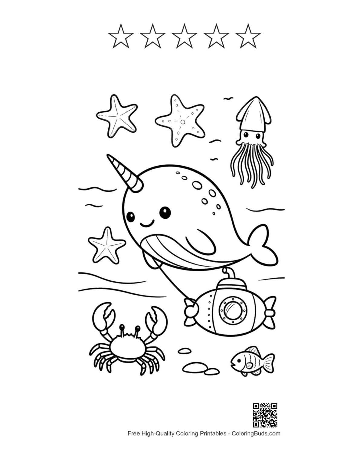 Narwhal submarine printable with 5 star outlines