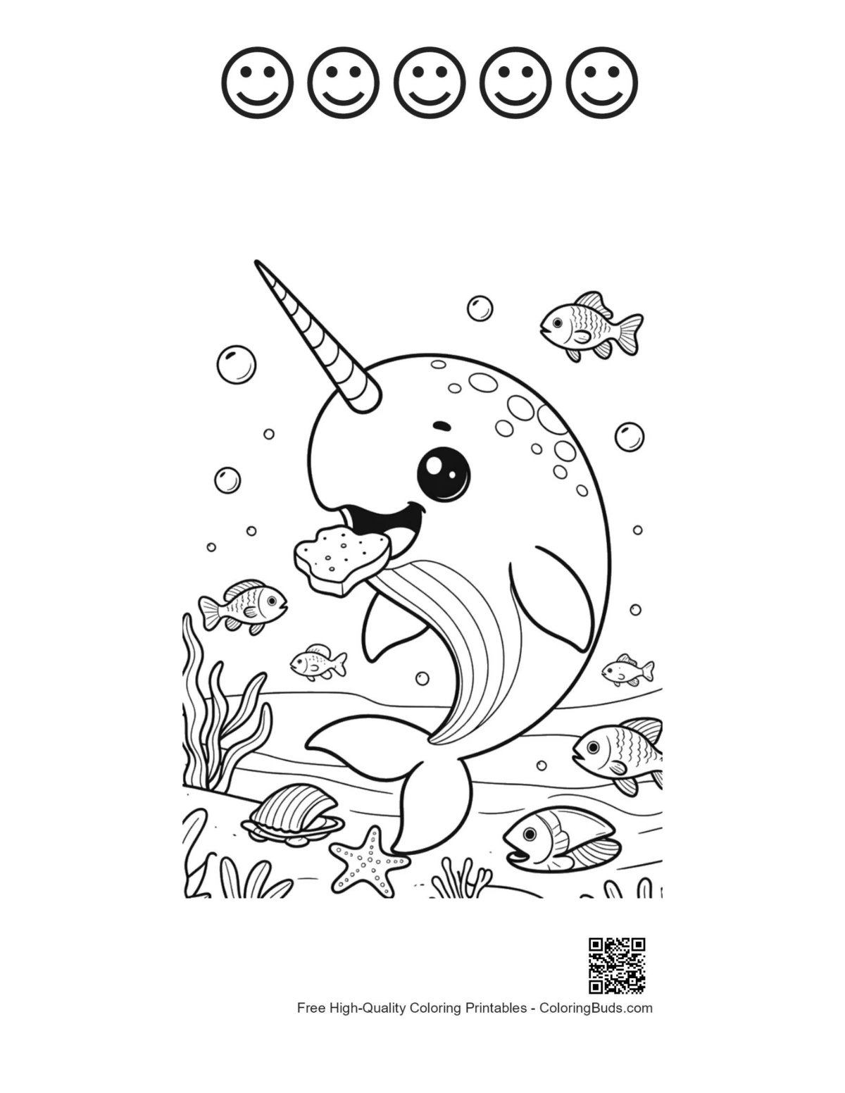 Narwhal coloring sheet with 5 happy faces outlines