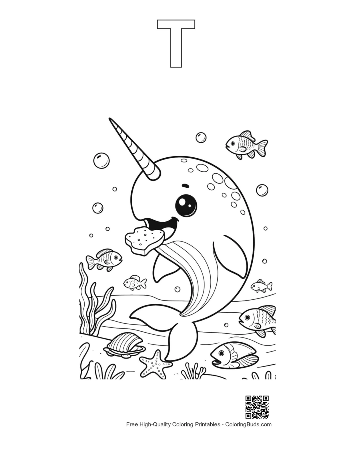 Narwhal cupcake coloring page with alphabet T outline