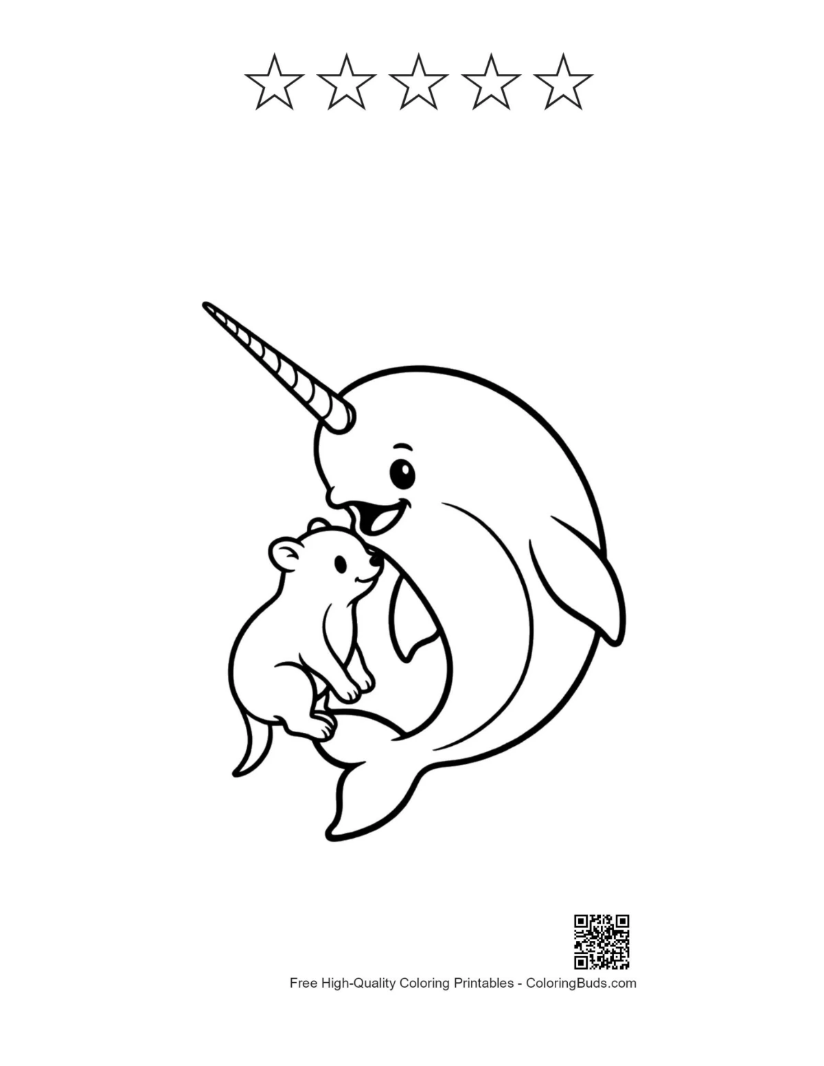 Narwhal hugging otter printable with 5 stars outline