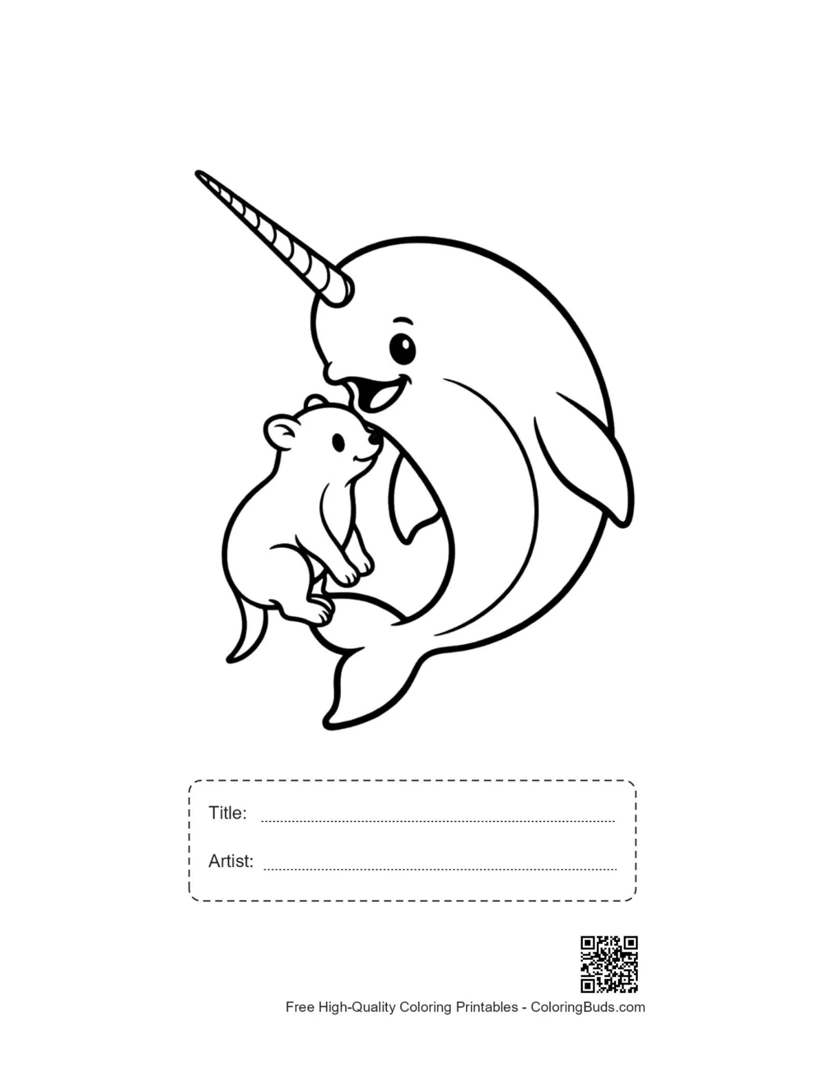 Narwhal hugging otter baby printable with title box