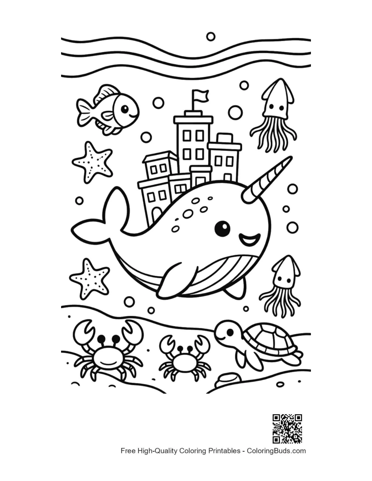 Cute narwhal printable coloring page