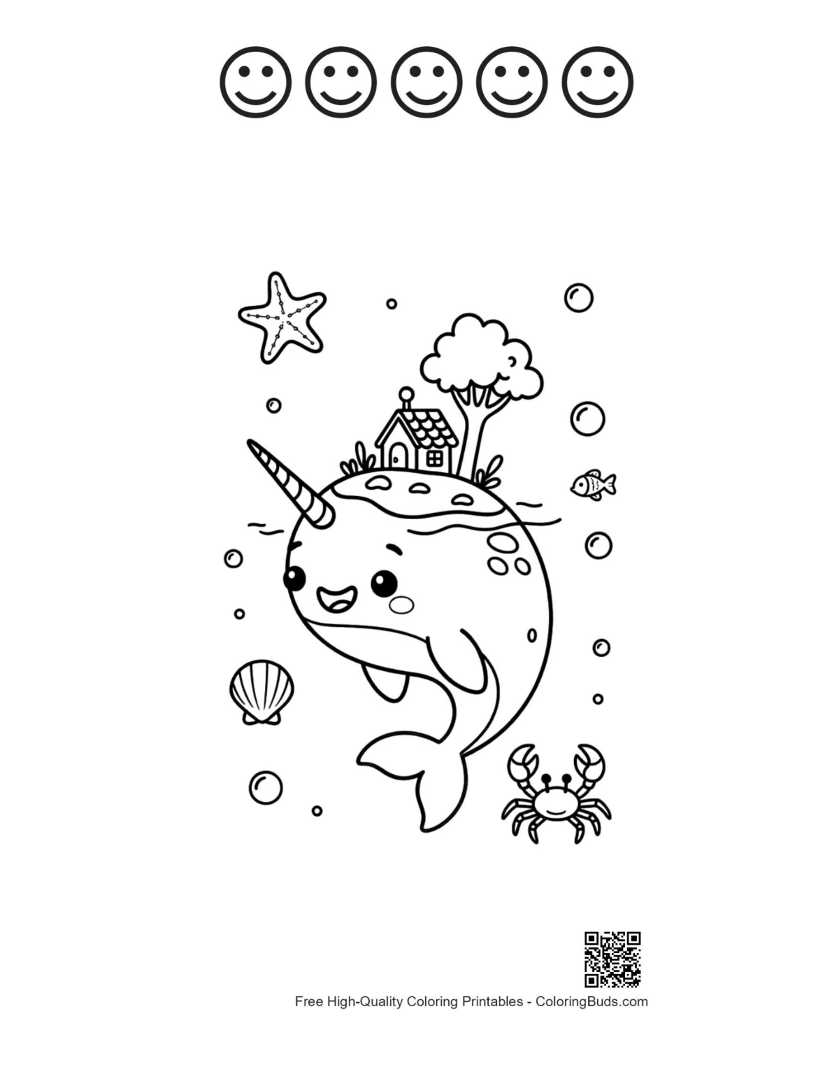 Narwhal printable with 5 happy face outlines for kids
