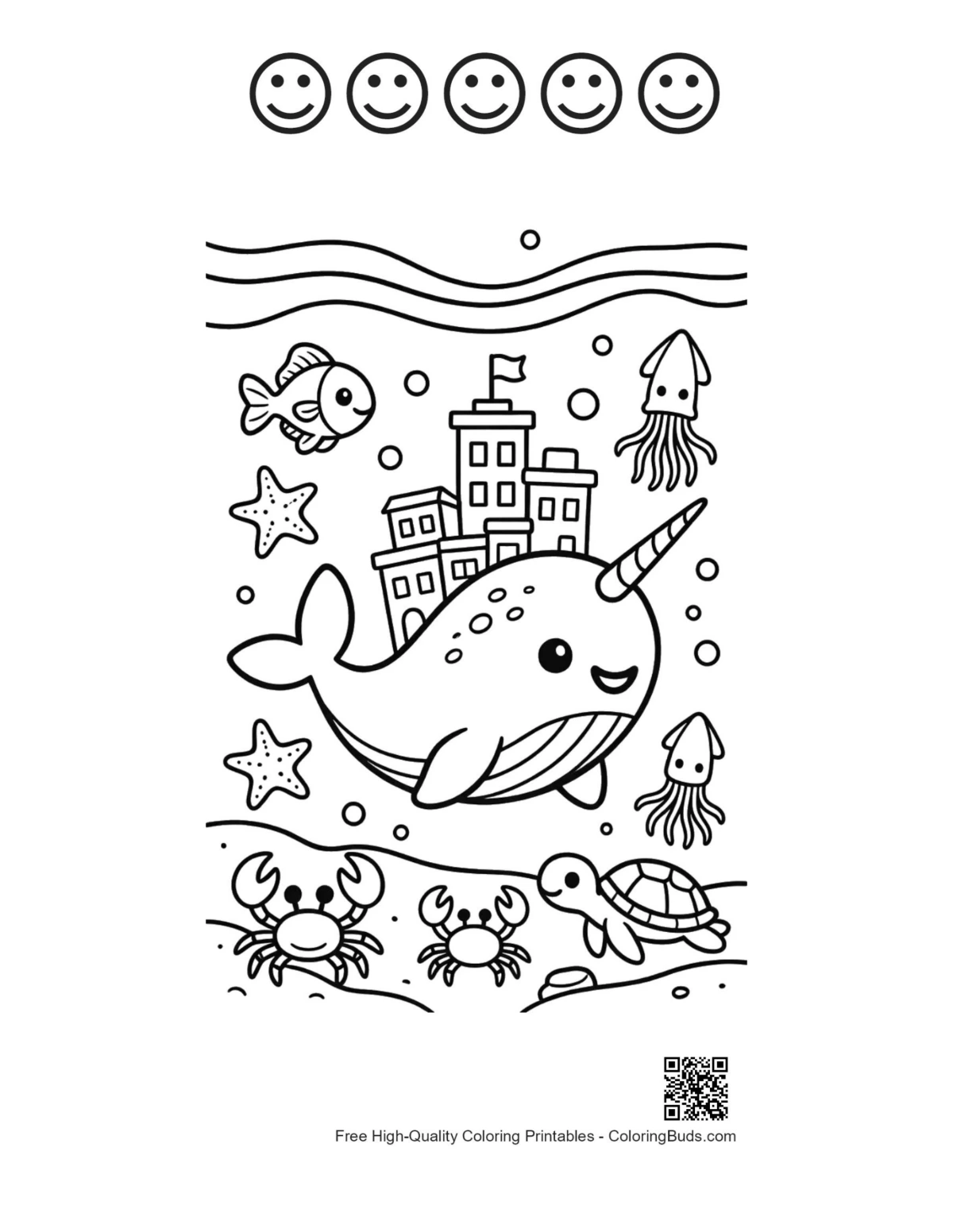 Narwhal with happy faces coloring sheet