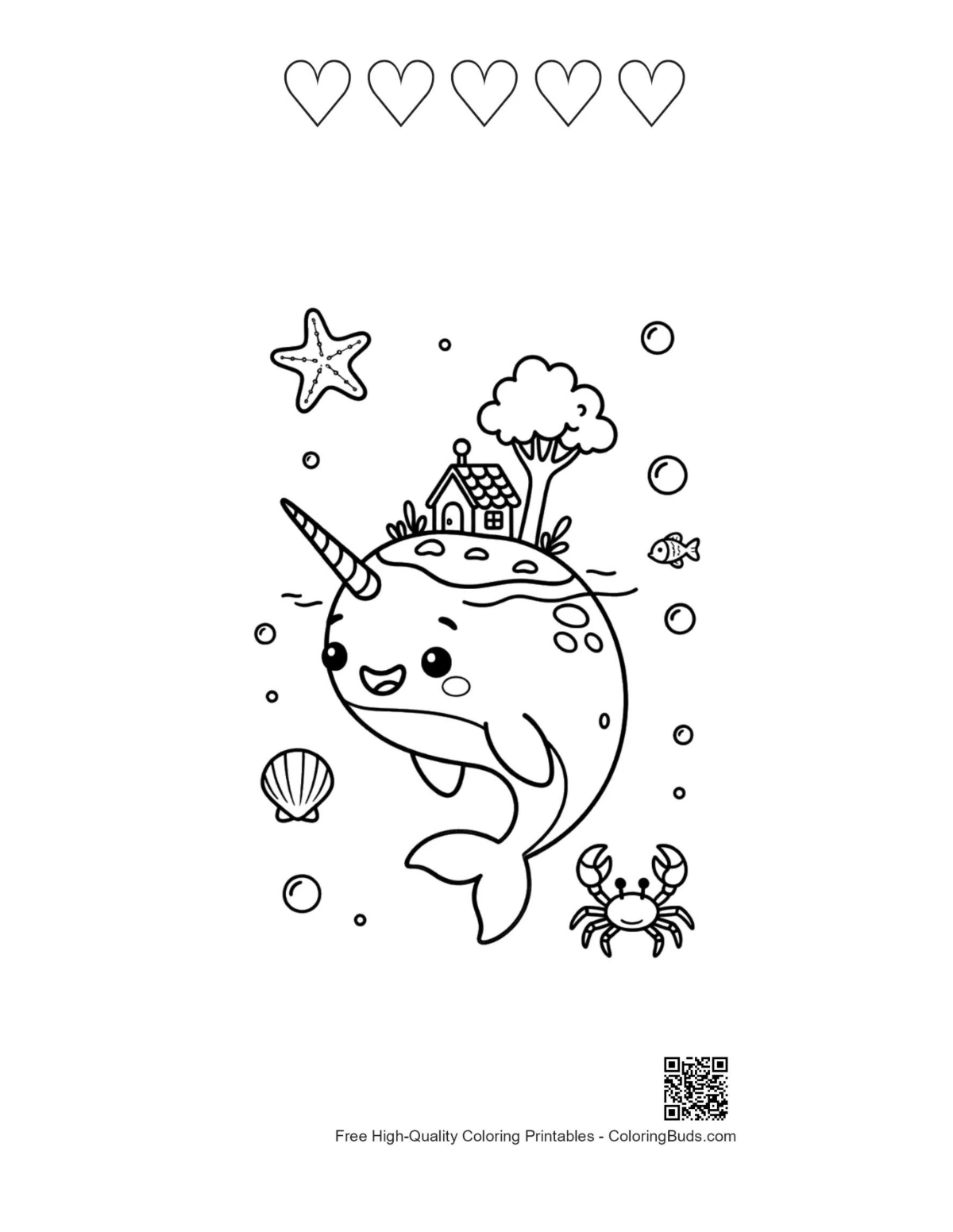 Narwhal printable with 5 heart outlines love theme
