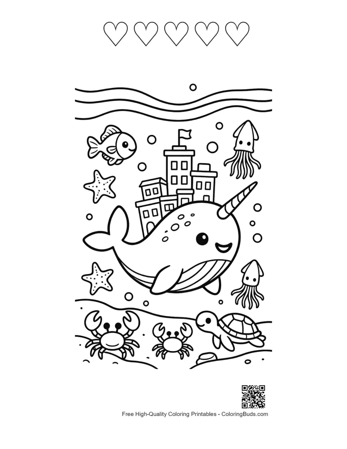 Narwhal with hearts printable page