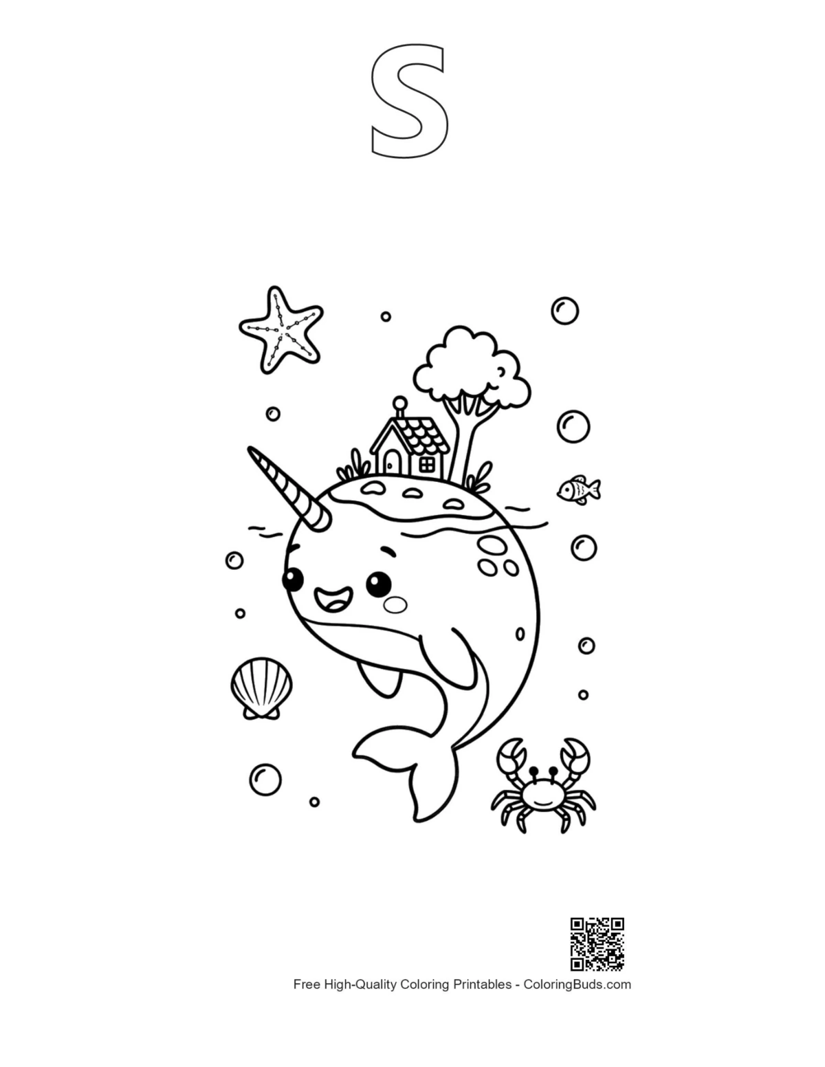 Narwhal printable outline alphabet letter S design