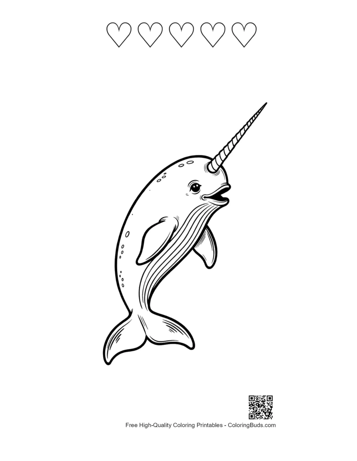 Narwhal printable featuring heart outlines
