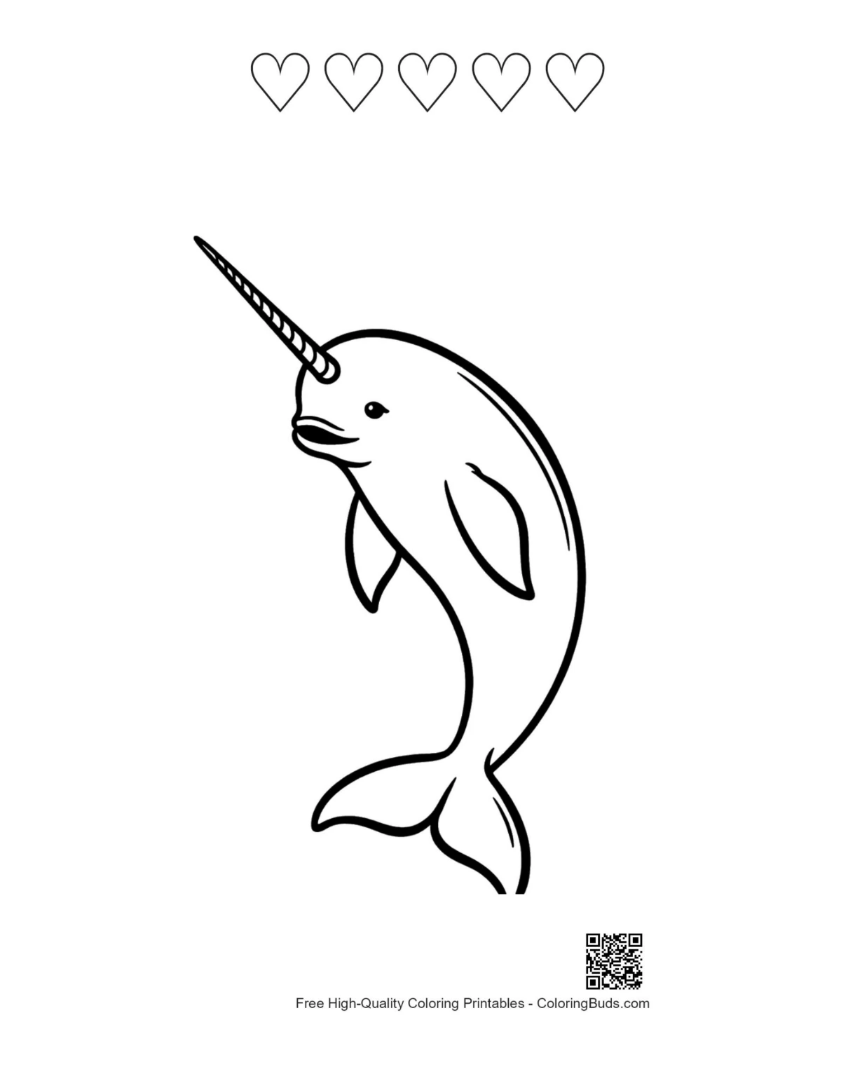 Playful narwhal with 5 heart outline printable