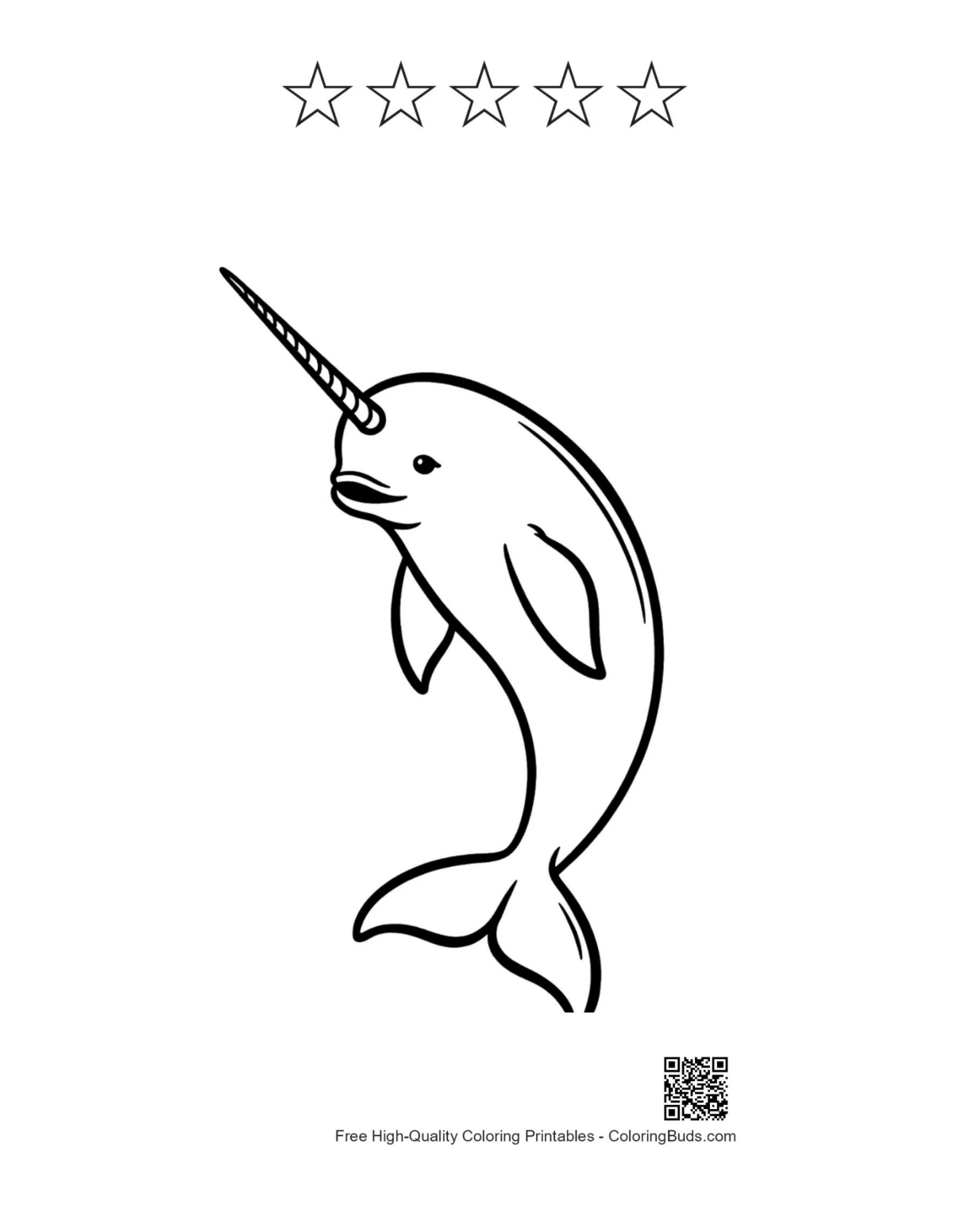Playful narwhal printable with 5 star outlines
