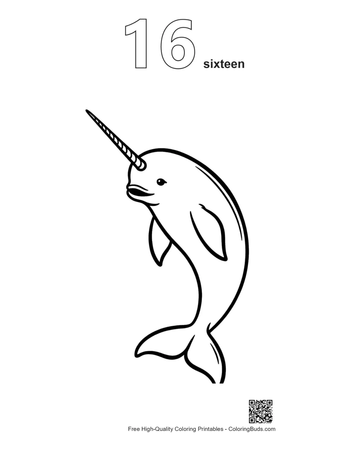 Narwhal leaping joyfully outline number 16 coloring page