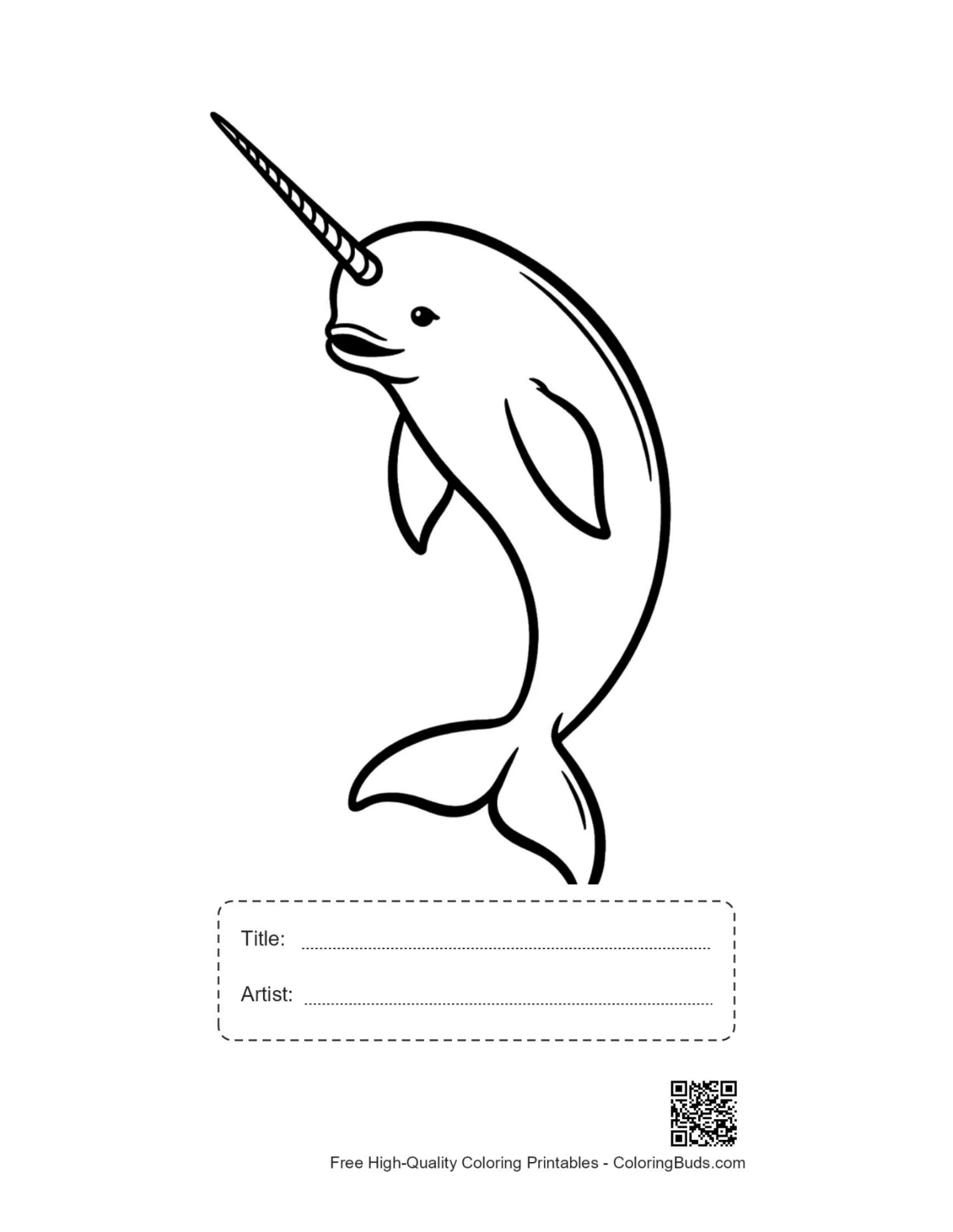 Playful narwhal printable with title and artist box