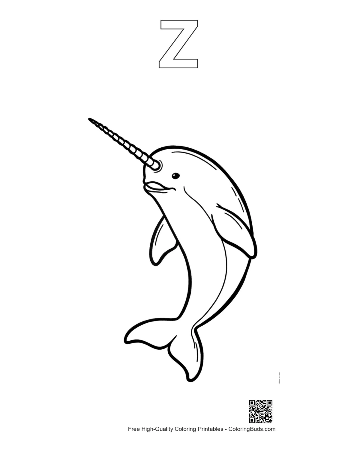 Narwhal outline printable with alphabet Z