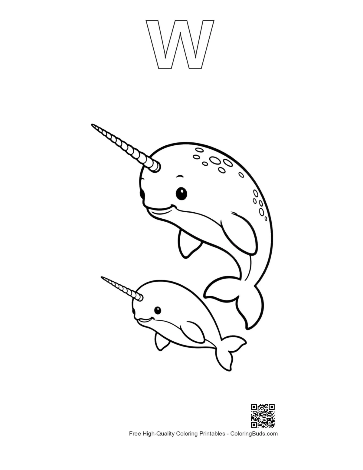 Playful narwhal printable outline with alphabet W