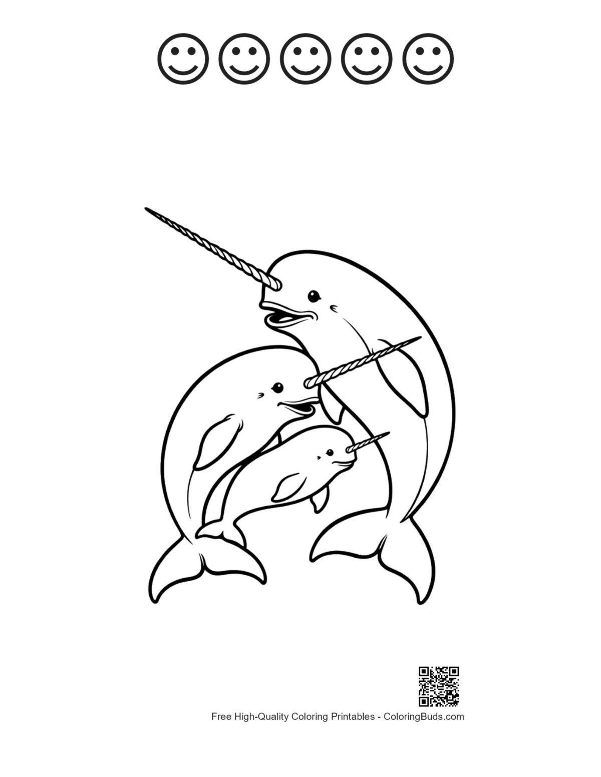Narwhal printable with 5 happy faces