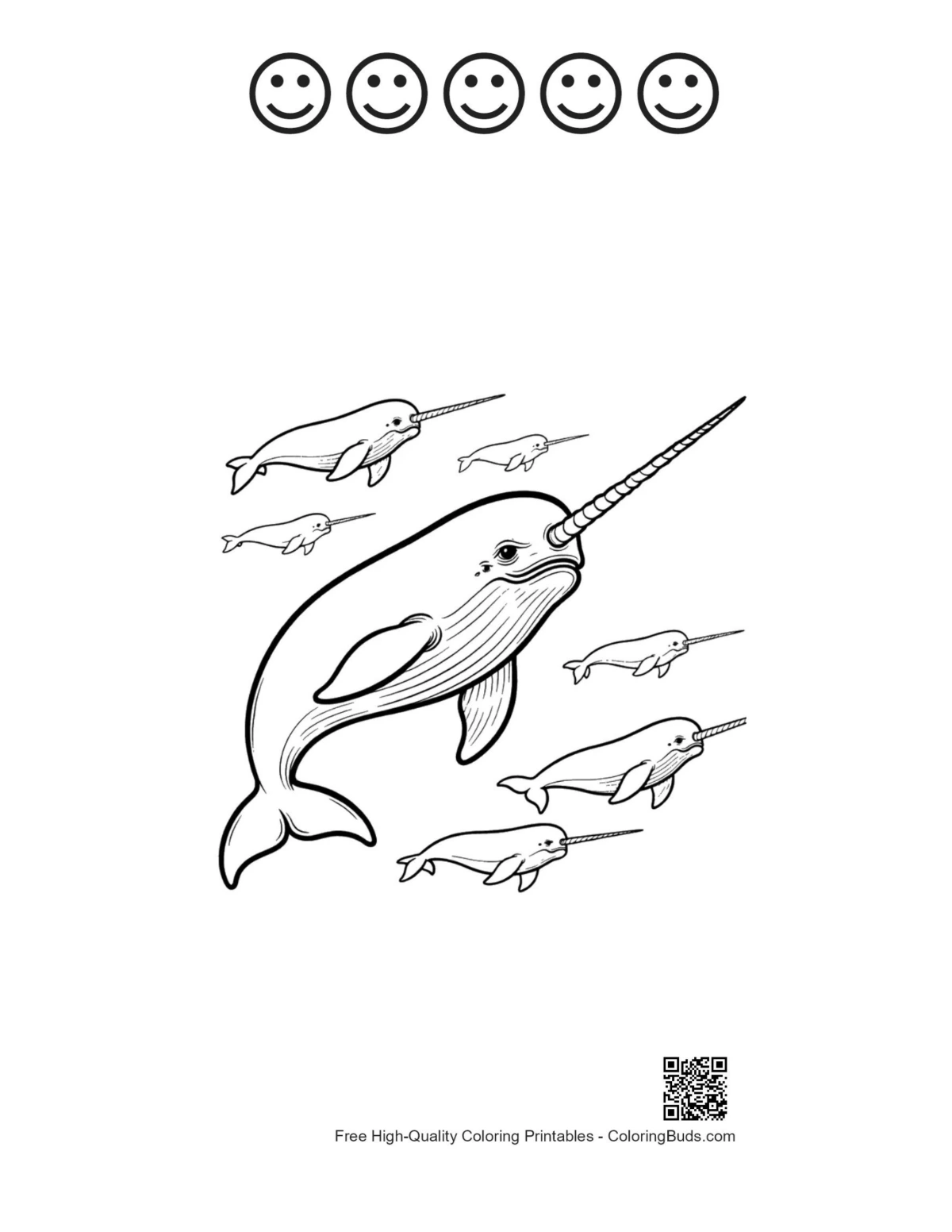 Narwhal family 5 happy faces outline printable