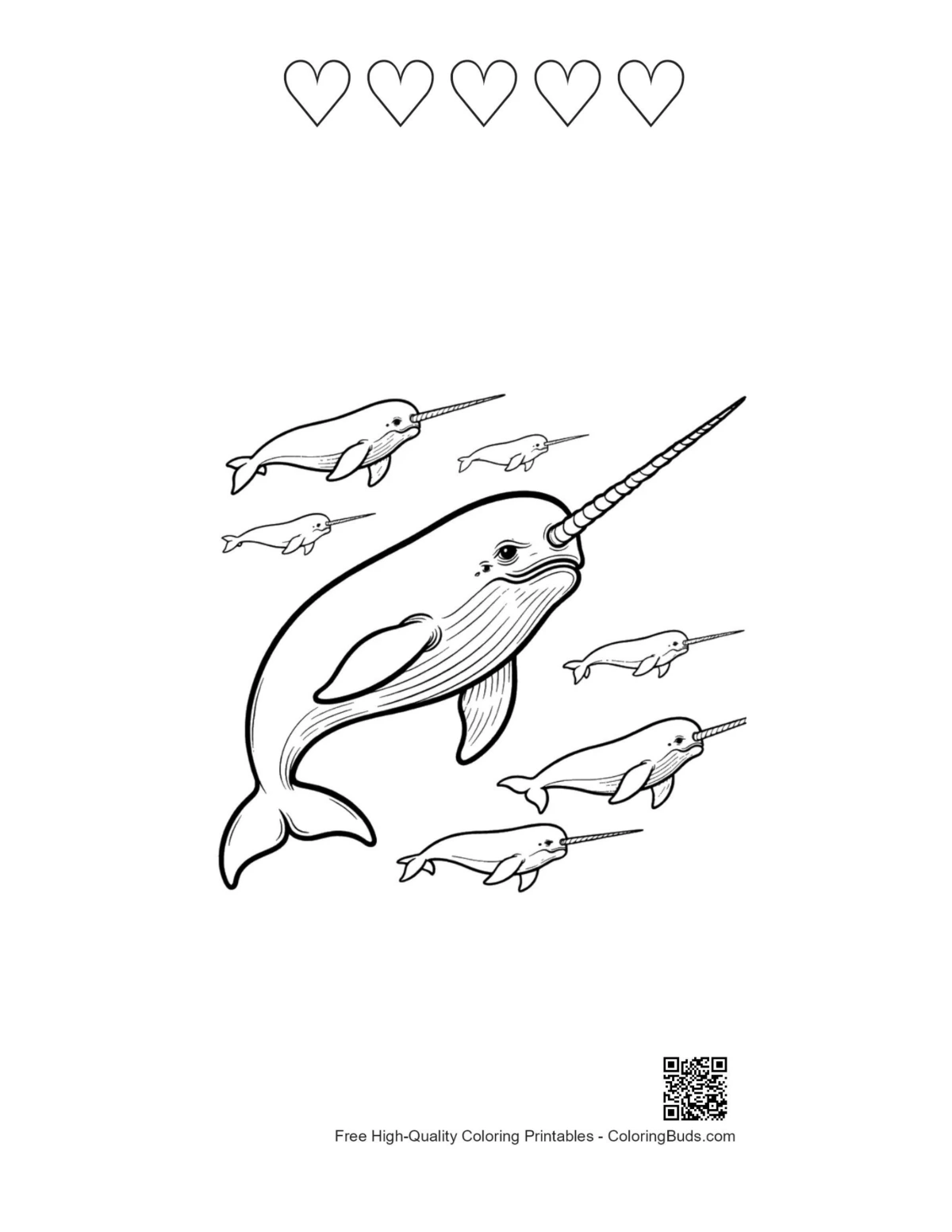 Narwhal family with 5 heart outline printable