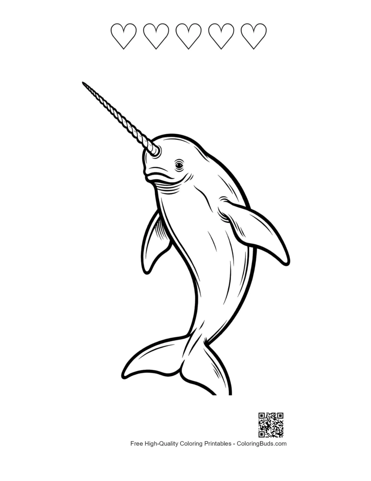 Narwhal printable with 5 heart outlines