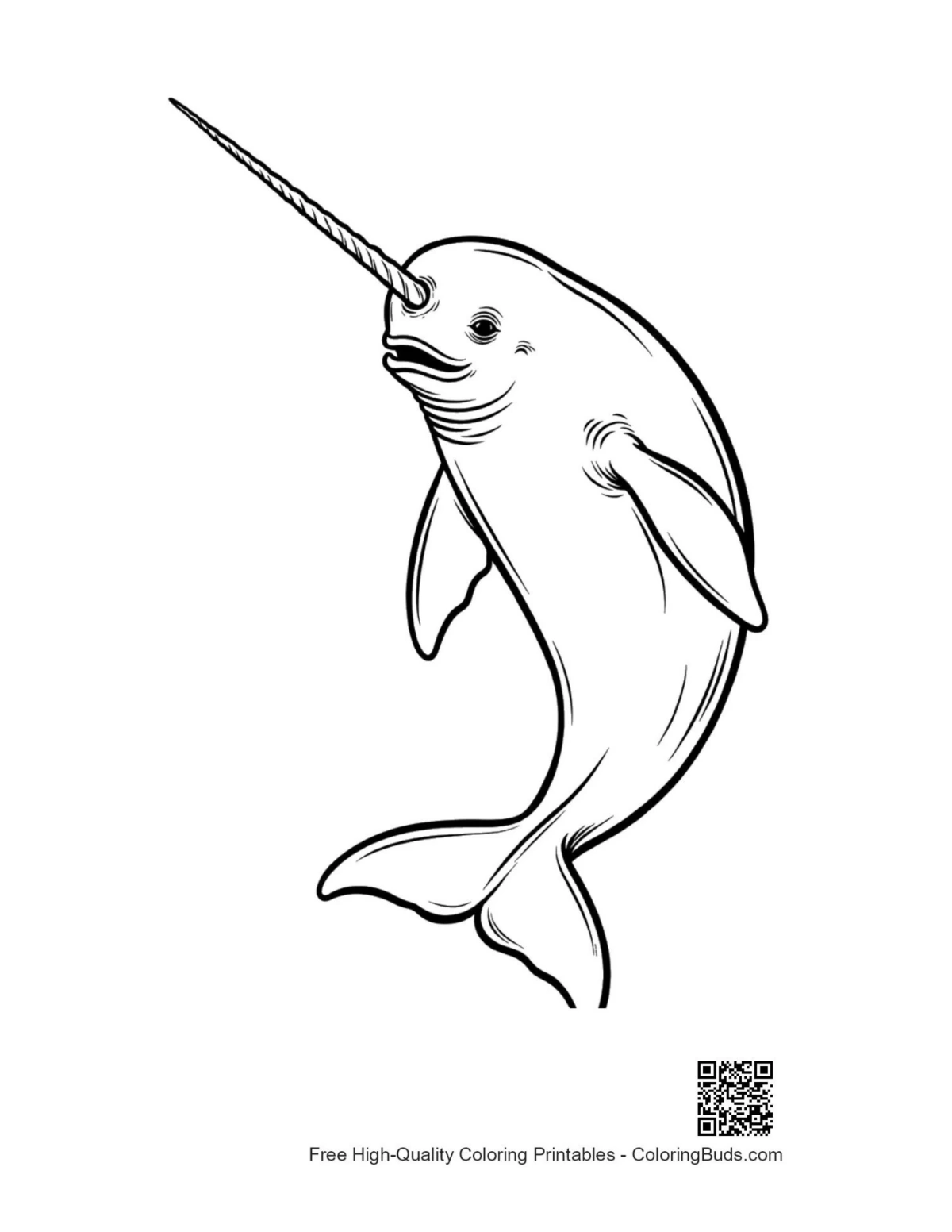 Playful narwhal leaping with tusk coloring page