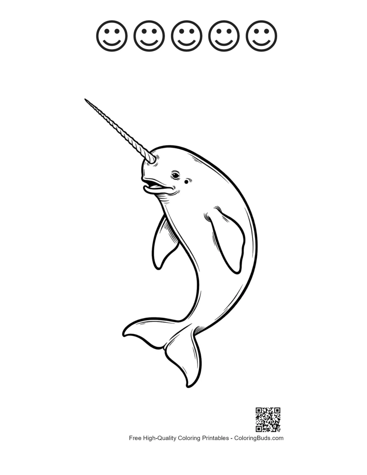 Printable narwhal with 5 happy face outlines
