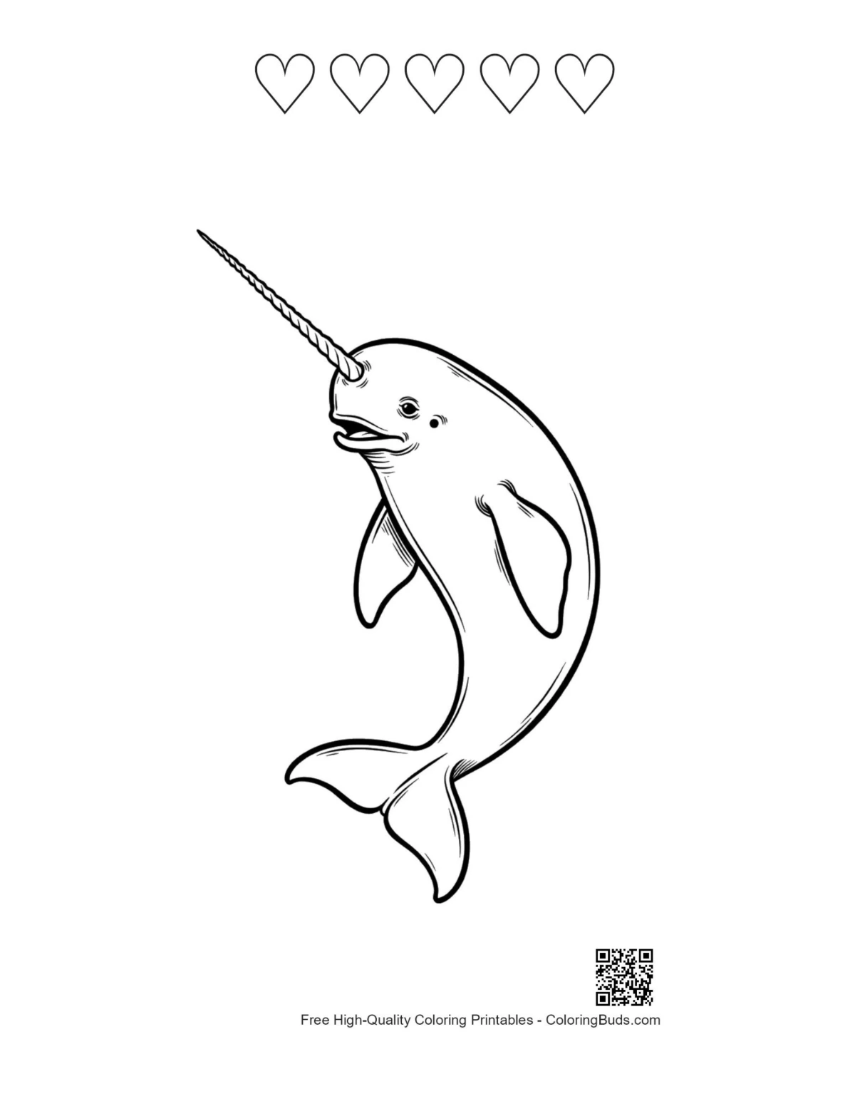Narwhal leaping printable featuring 5 heart outlines