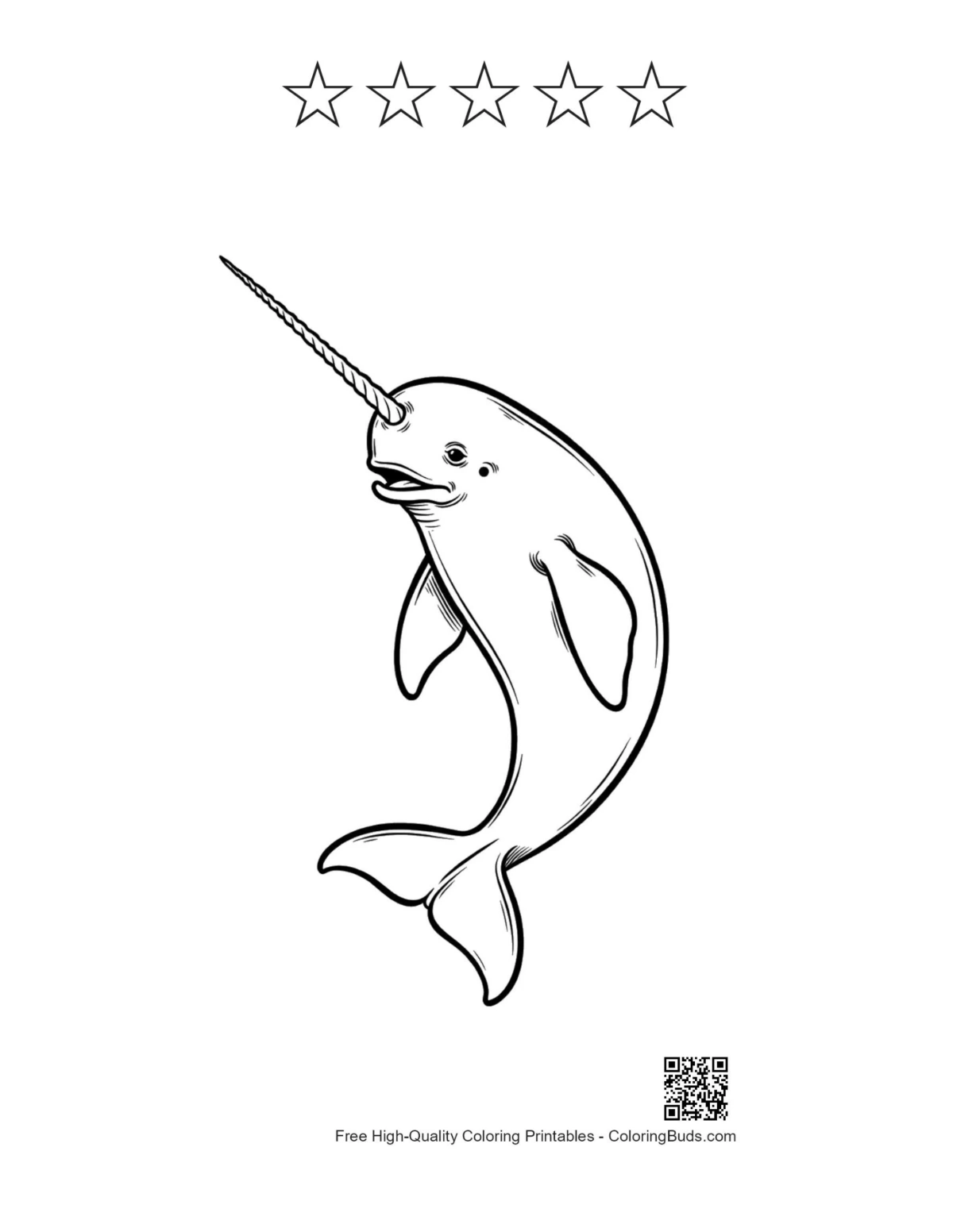 Playful narwhal printable with 5-star outline design