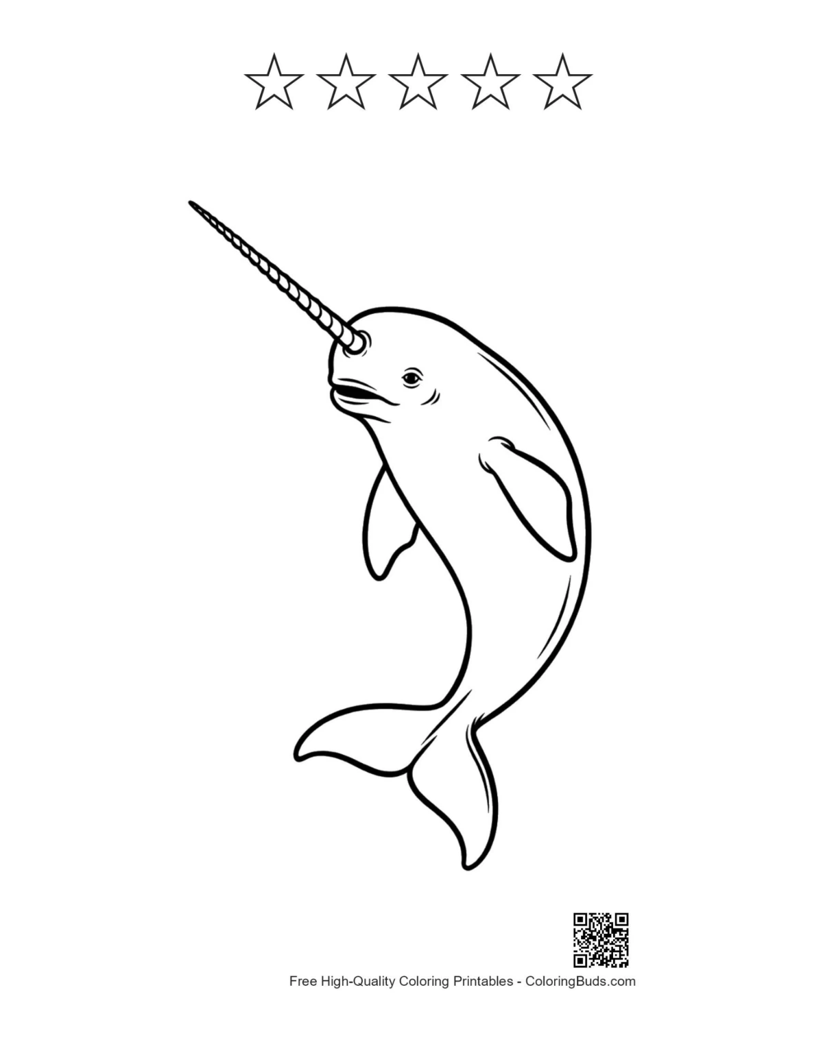 Playful narwhal printable with 5 star outlines