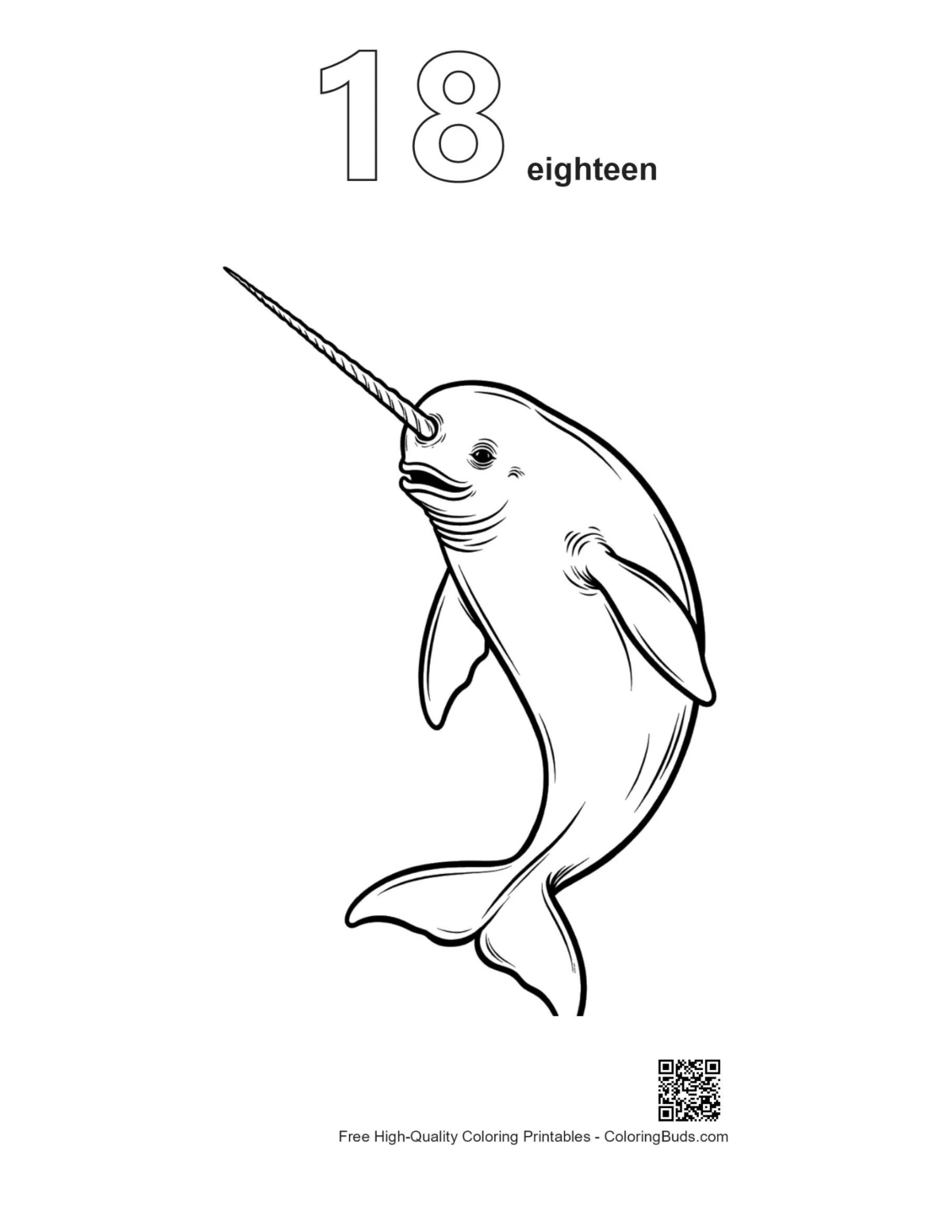 Narwhal leaping outline numbered 18 printable