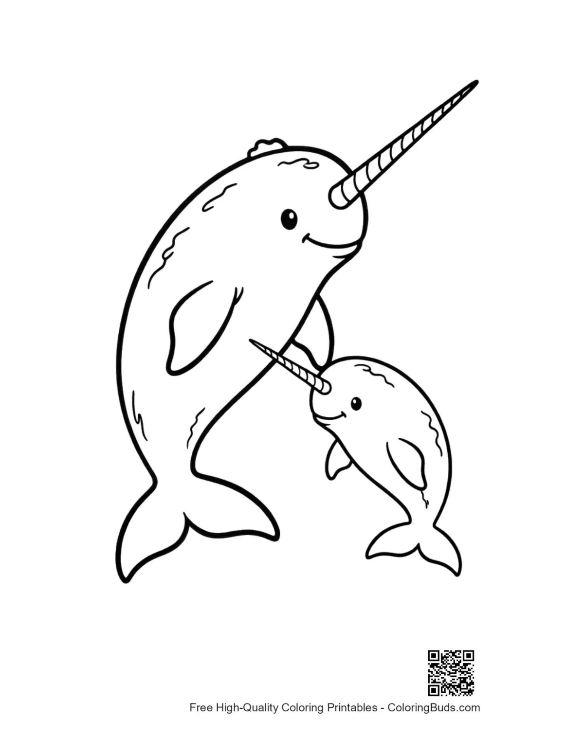 Playful narwhal mom and baby outline for coloring