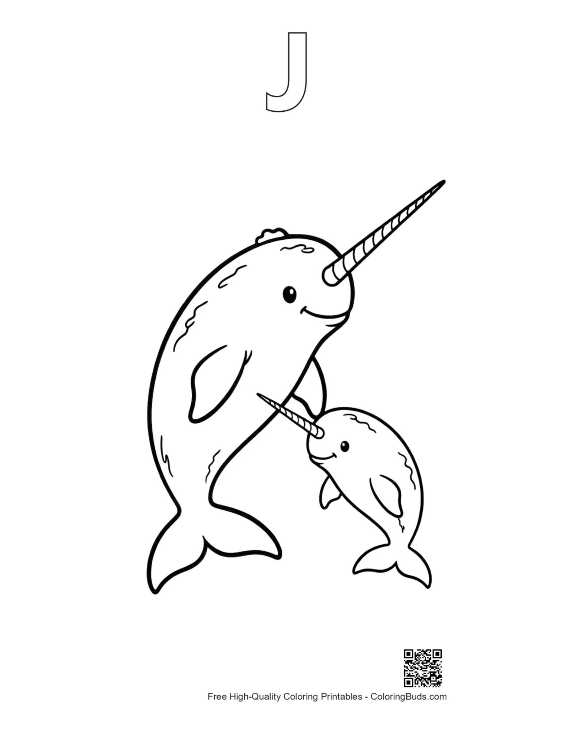 Playful narwhal outline printable with alphabet J