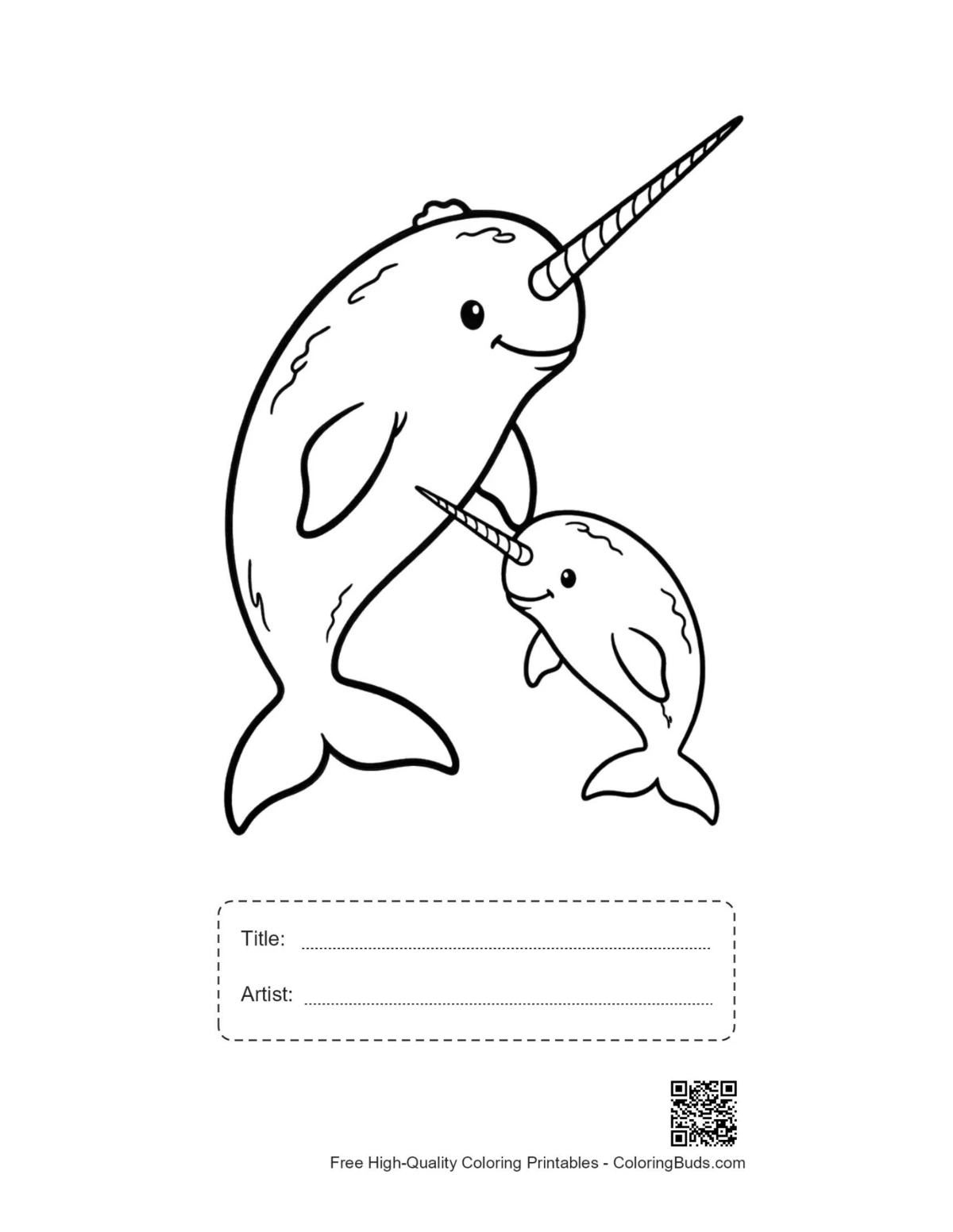 Narwhal outline printable with title and artist box