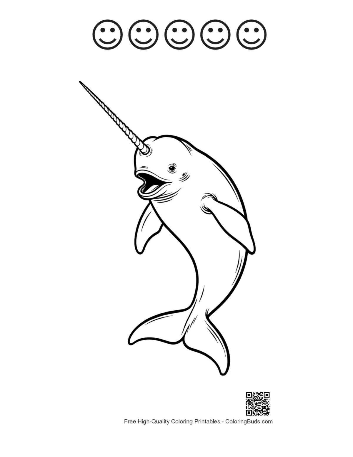 Playful narwhal 5 happy face outline printable