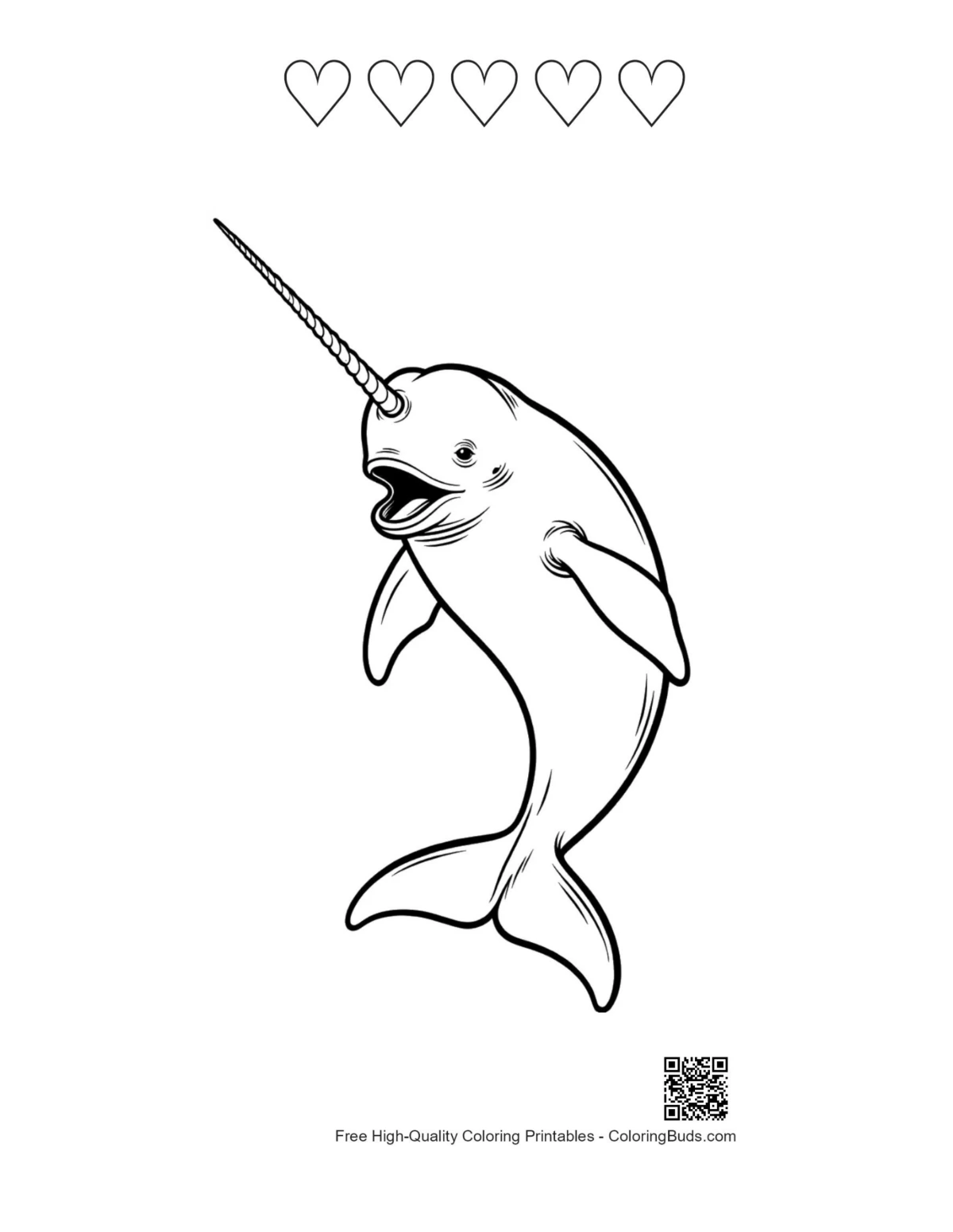 Playful narwhal with 5 heart outline printable
