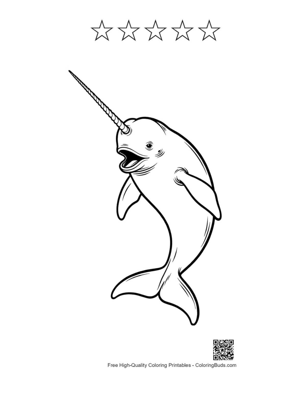 Playful narwhal with 5 star outline printable