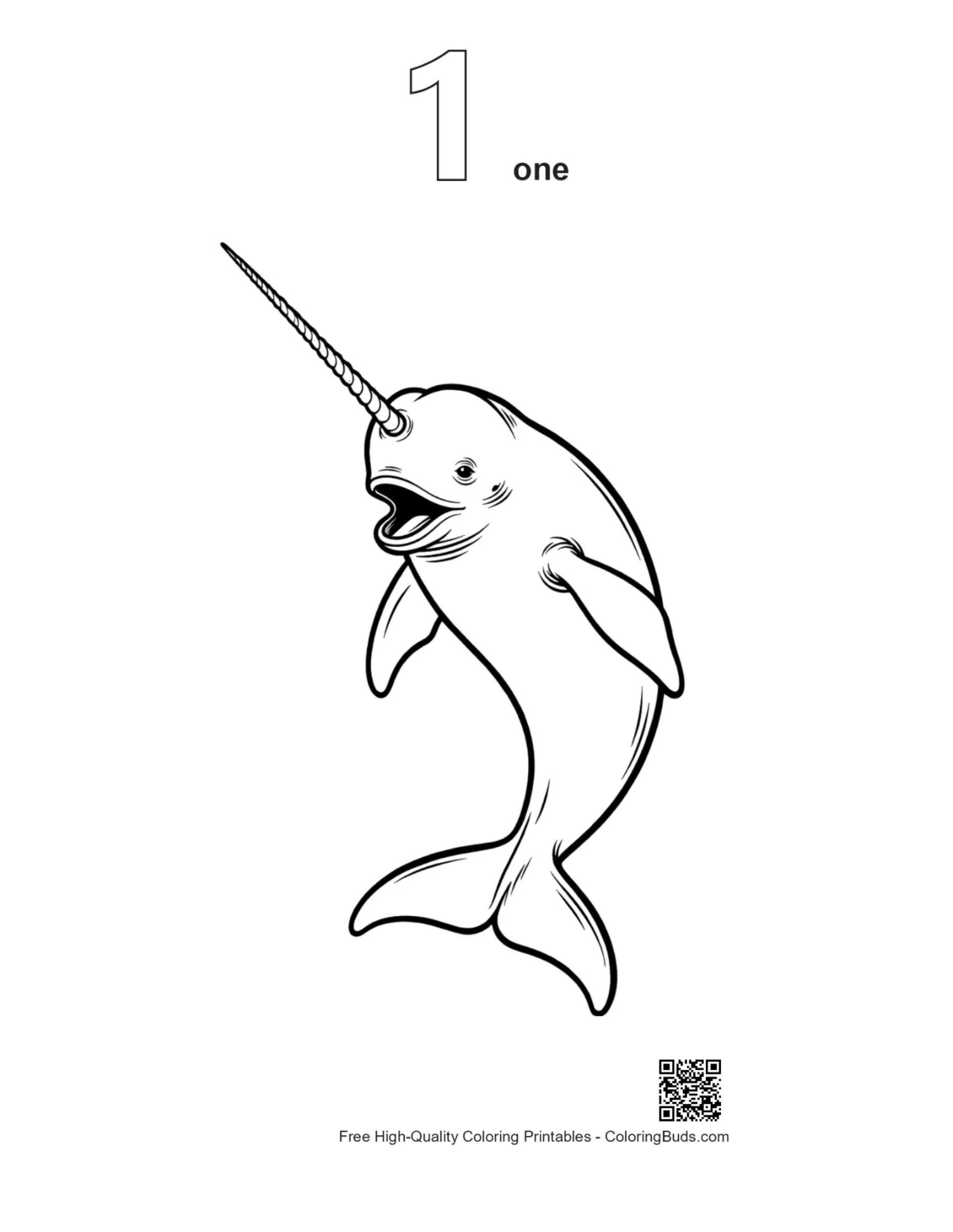 Playful narwhal outline number 1 printable