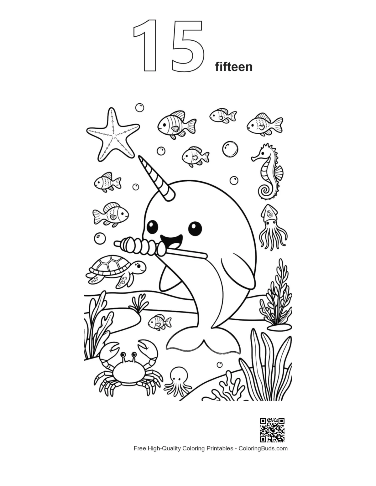 Smiling narwhal carrot snack outline number 15 printable