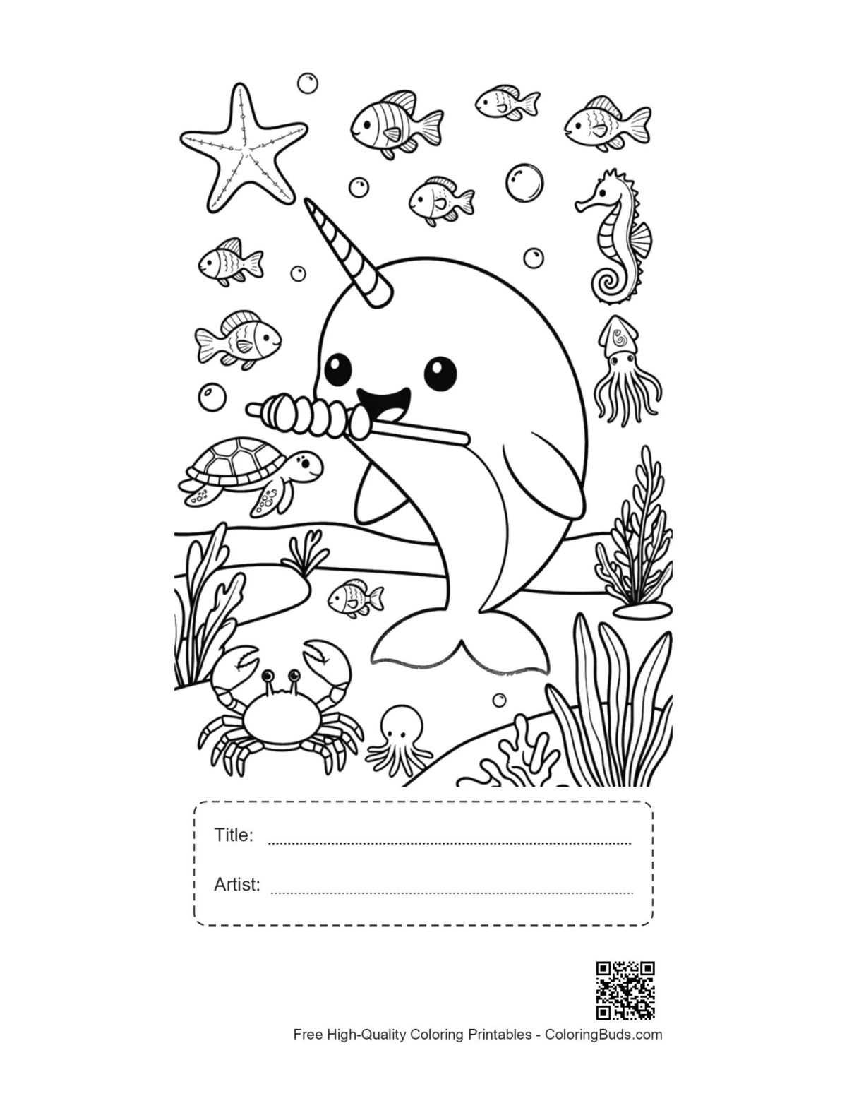 Smiling narwhal carrot snack printable with title artist box