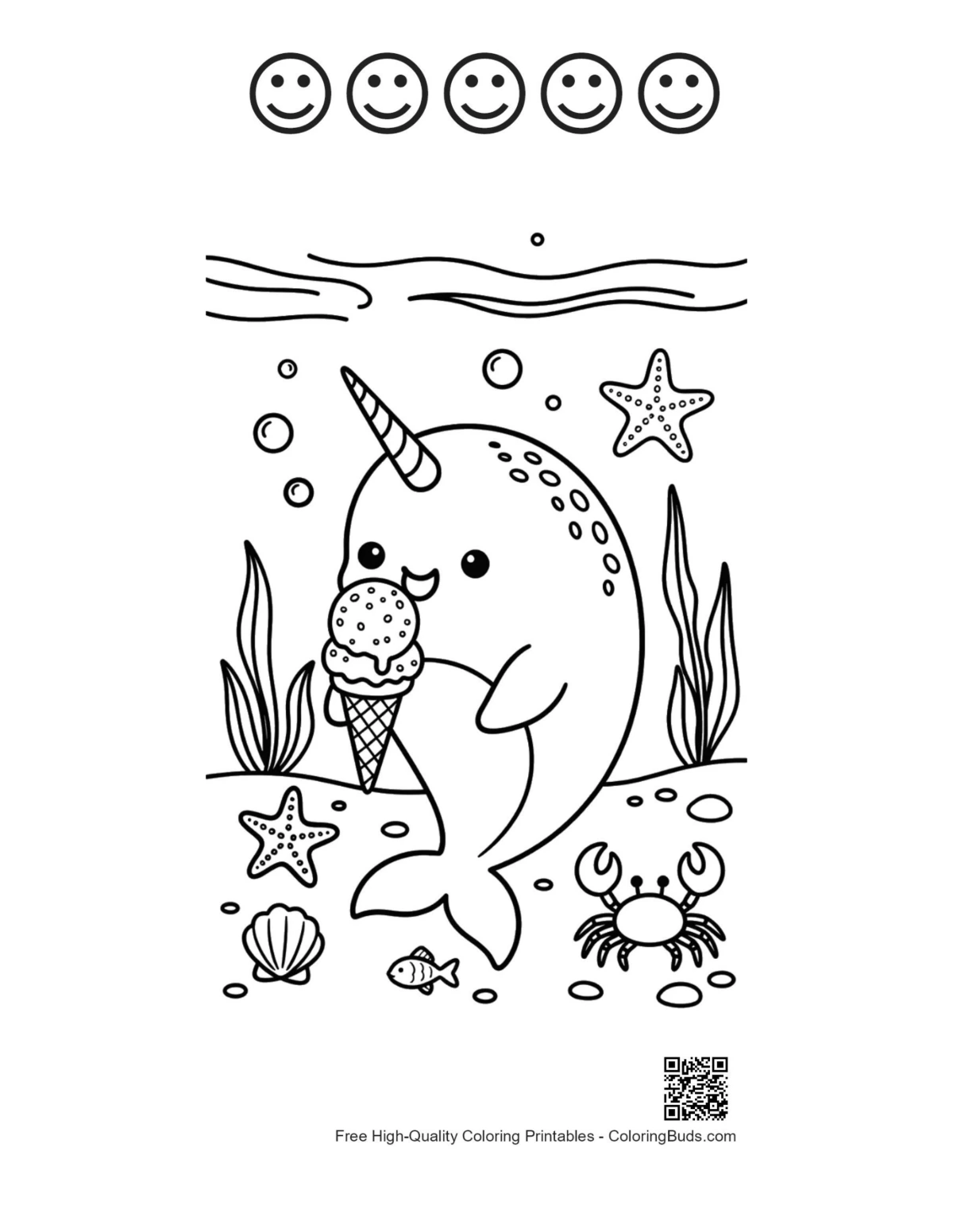 Cute narwhal printable with happy faces