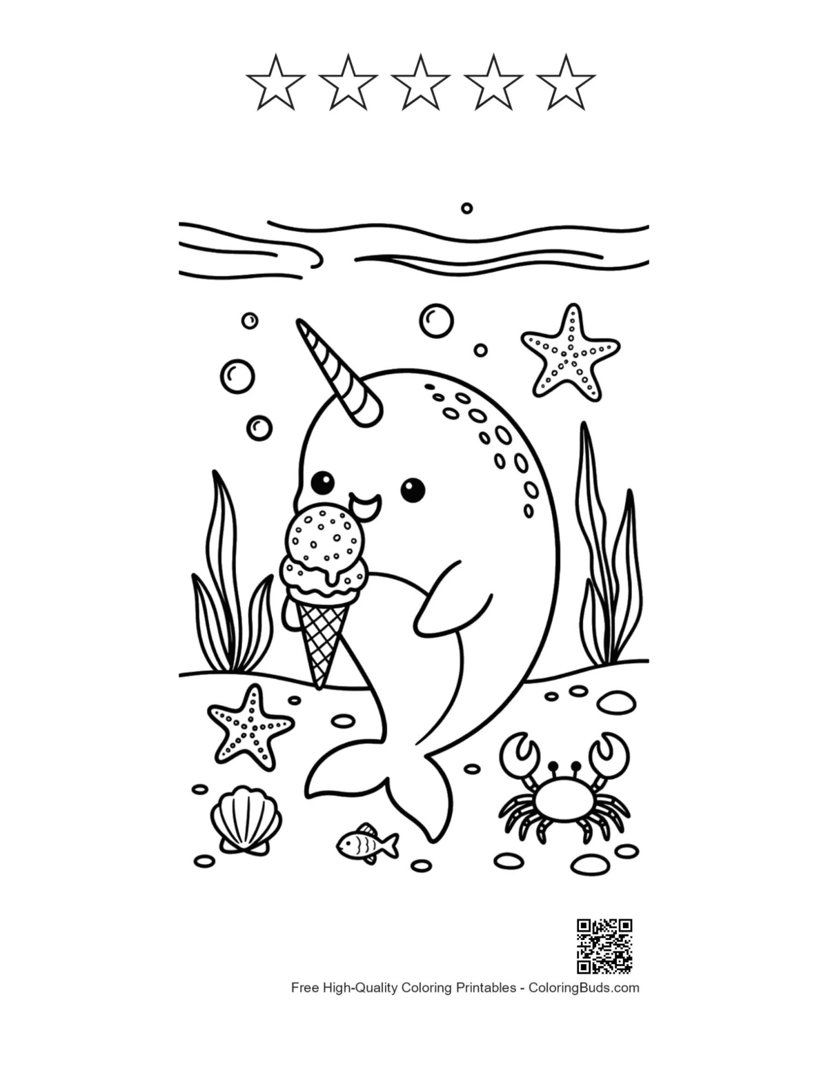 Narwhal printable with 5 star outlines