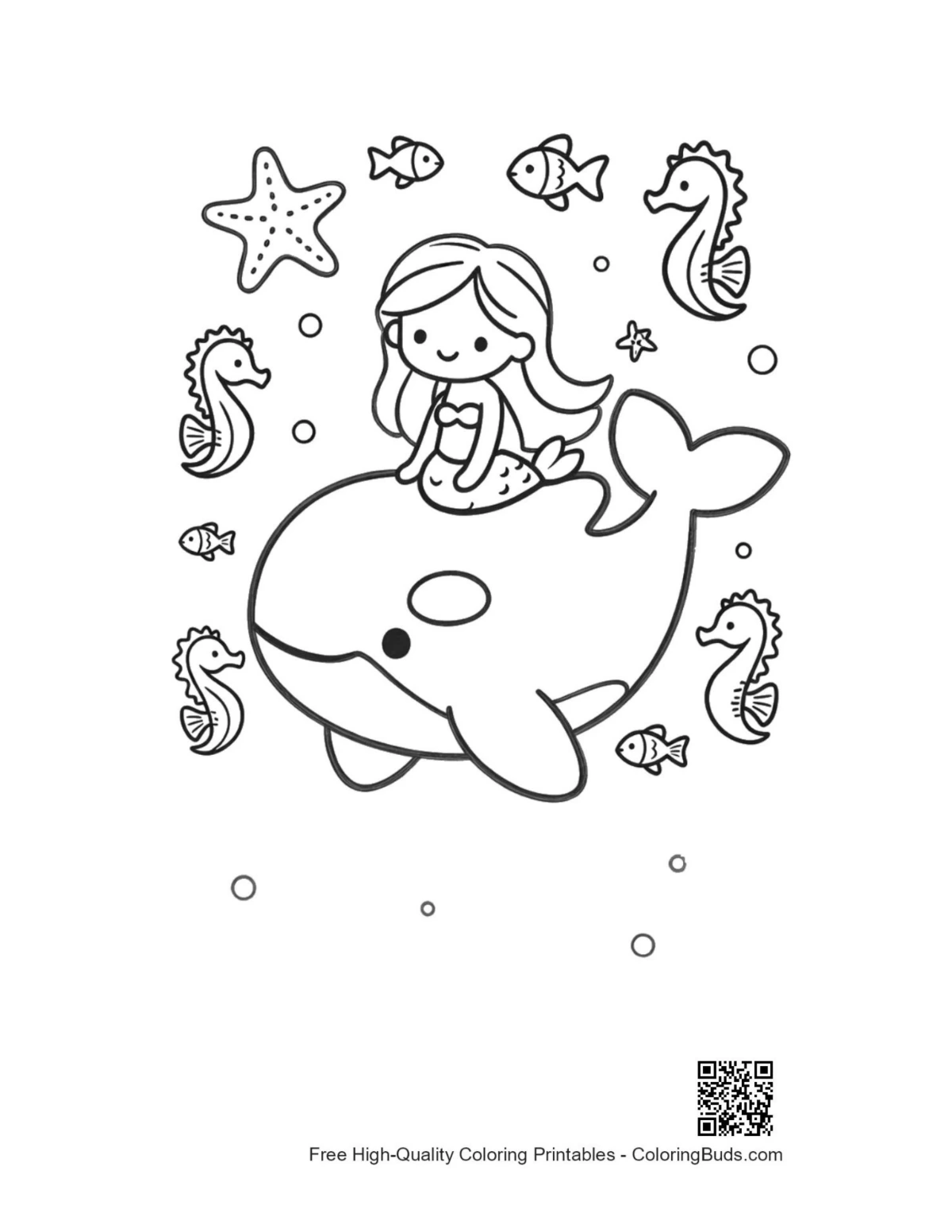 Beautiful mermaid and large orca printable coloring page