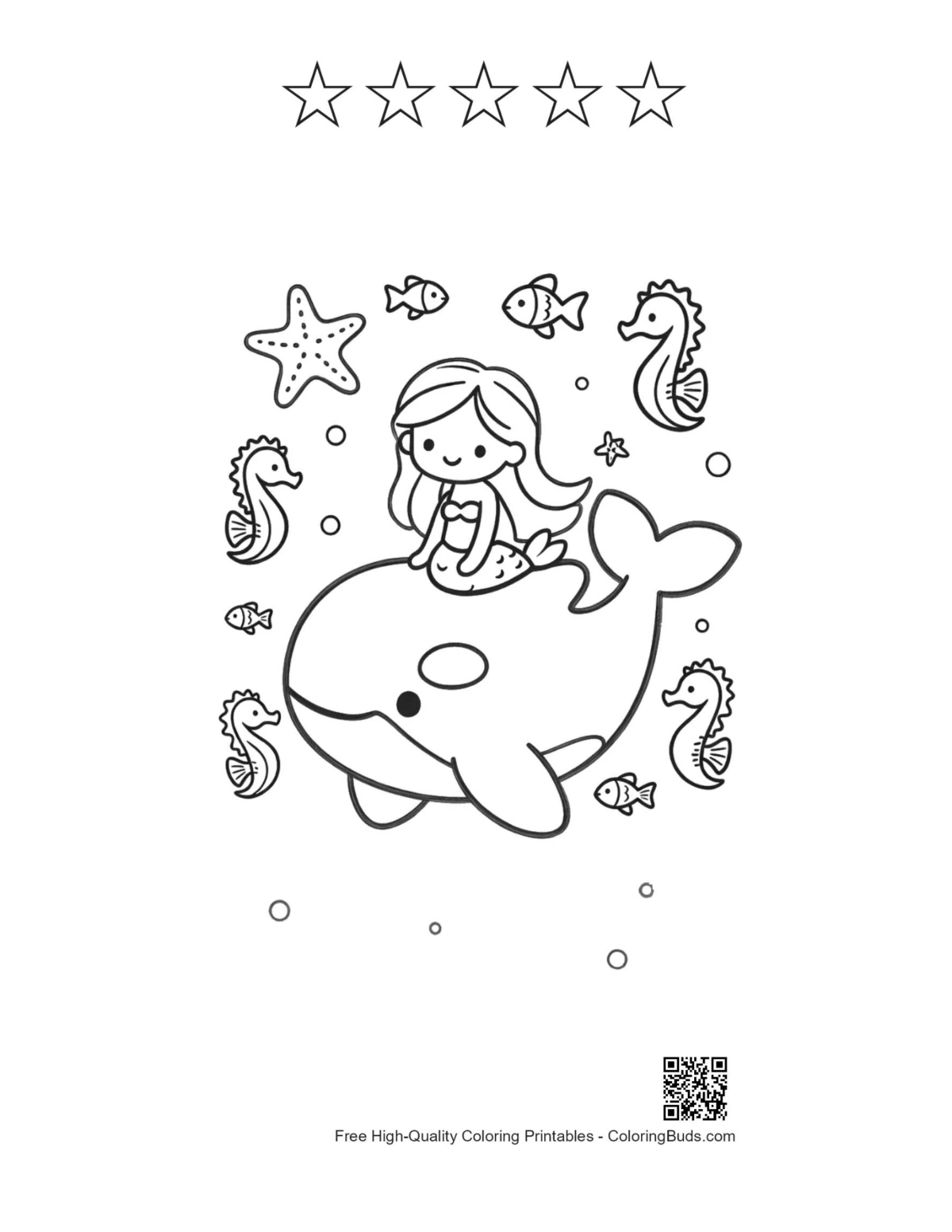 Mermaid orca printable with 5 star outlines
