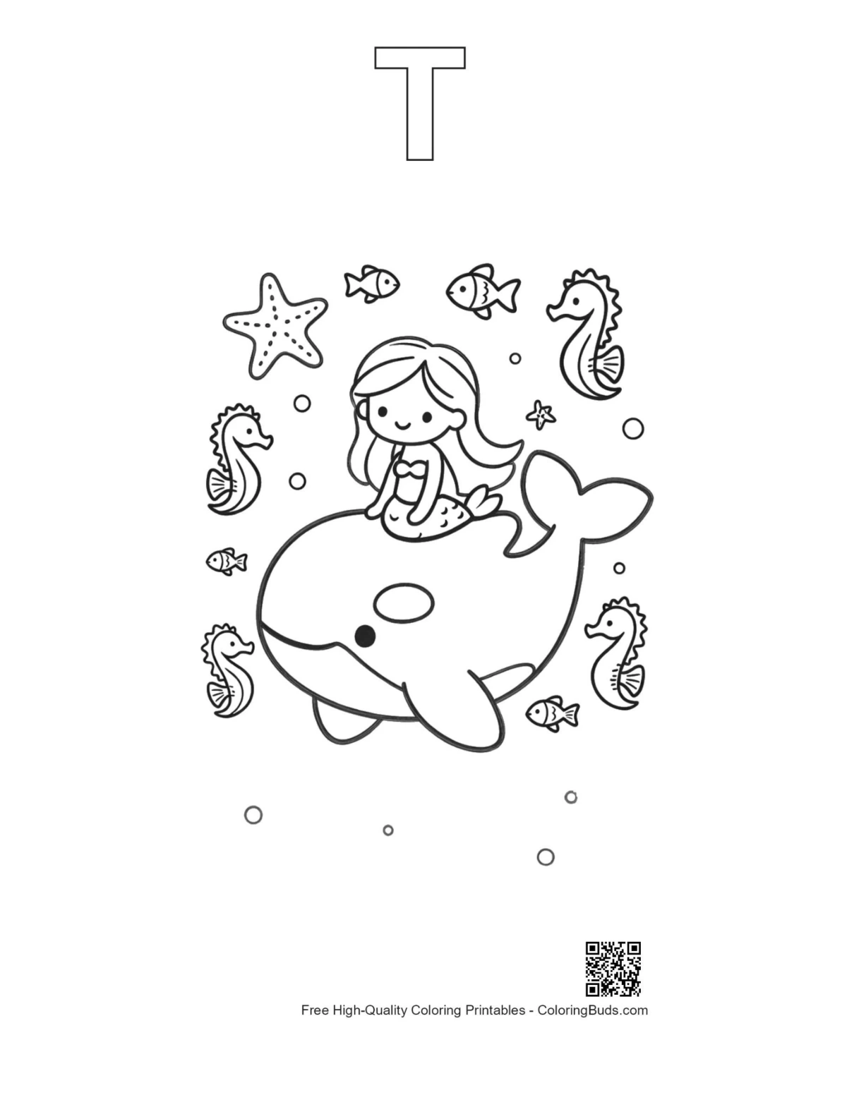 Mermaid orca printable with alphabet T outline