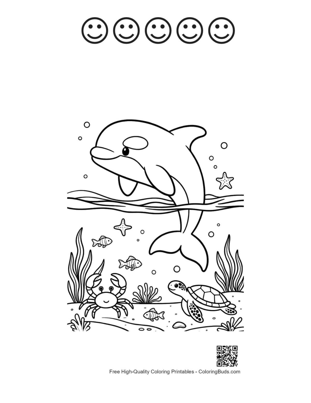Orca with 5 happy faces outline printable leaping
